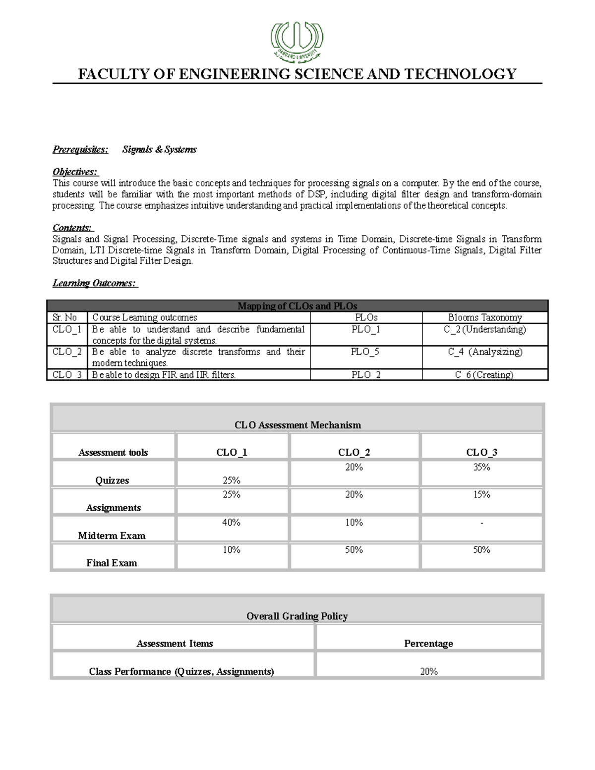 DSP (OBE) Updated DSP Course Summary FACULTY OF ENGINEERING SCIENCE