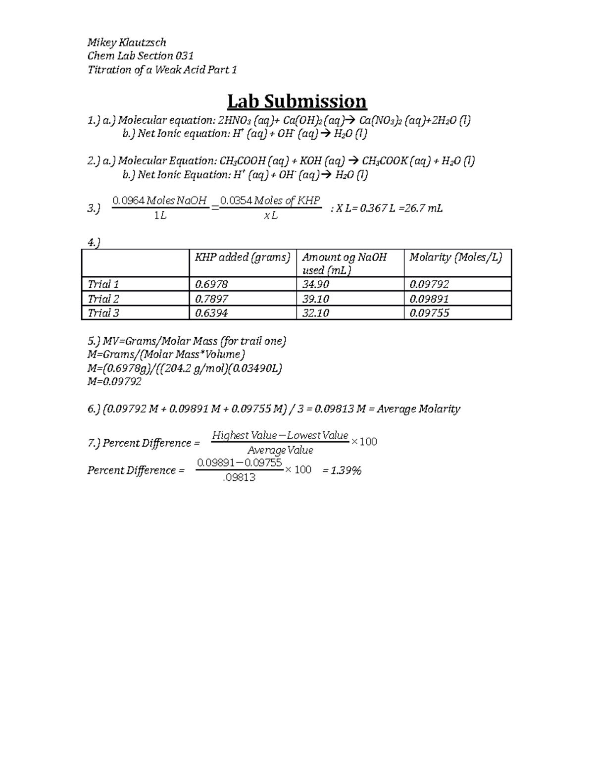 Lab Submission Titration Of A Weak Acid Part 1 - Mikey Klautzsch Chem ...