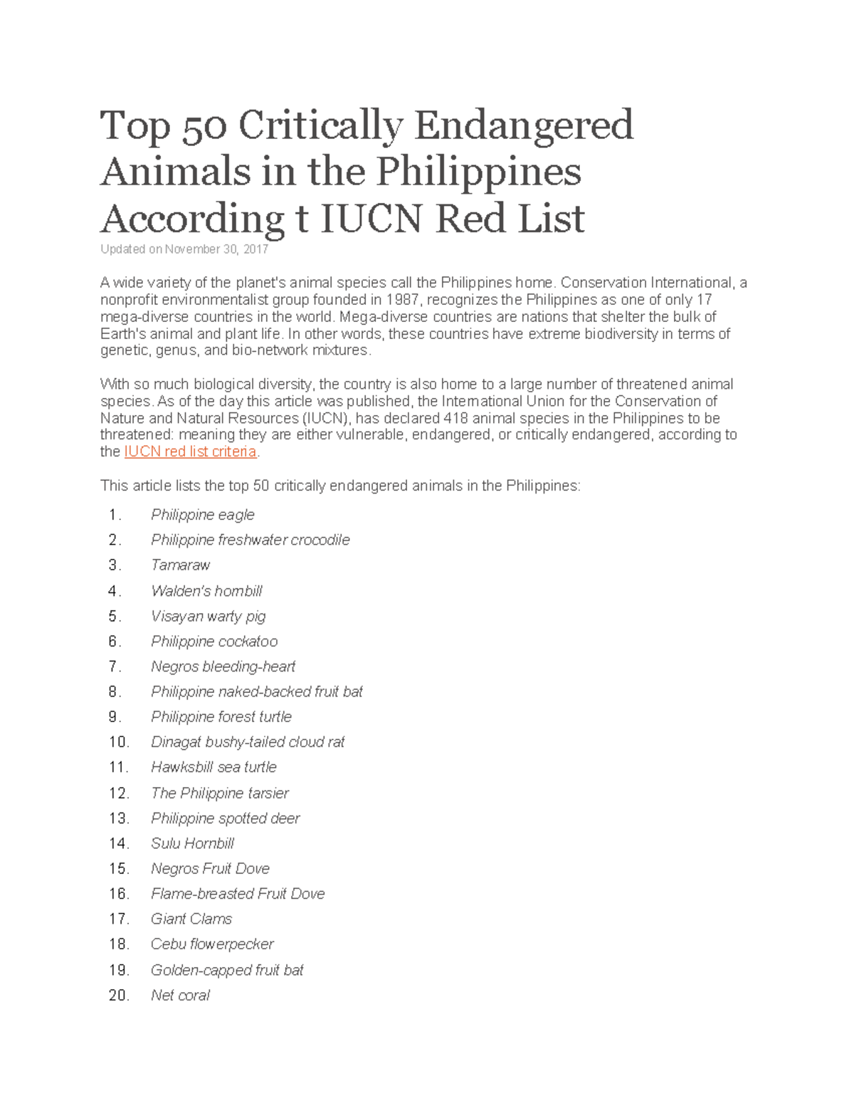 Top 50 Critically Endangered Animals In The Philippines According T 