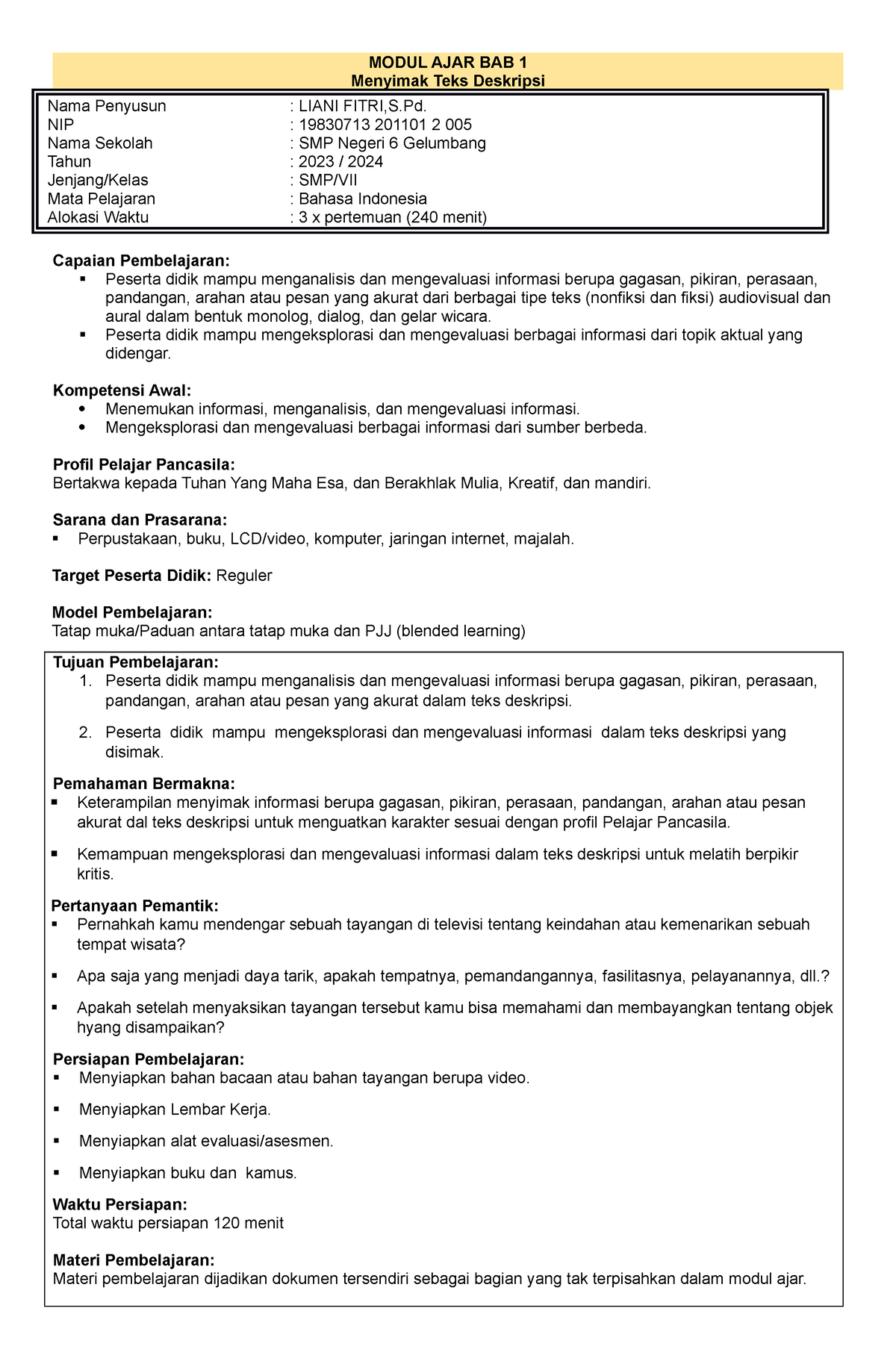 Modul AJAR BAB 1 B - MODUL AJAR BAB 1 Menyimak Teks Deskripsi Nama ...