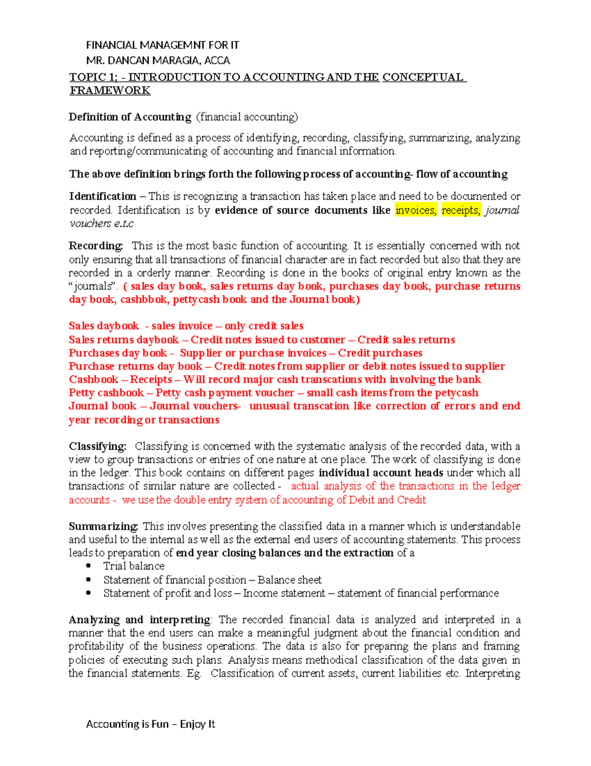 Topic 1-4 Notes - Accounting - MR. DANCAN MARAGIA, ACCA TOPIC 1 ...