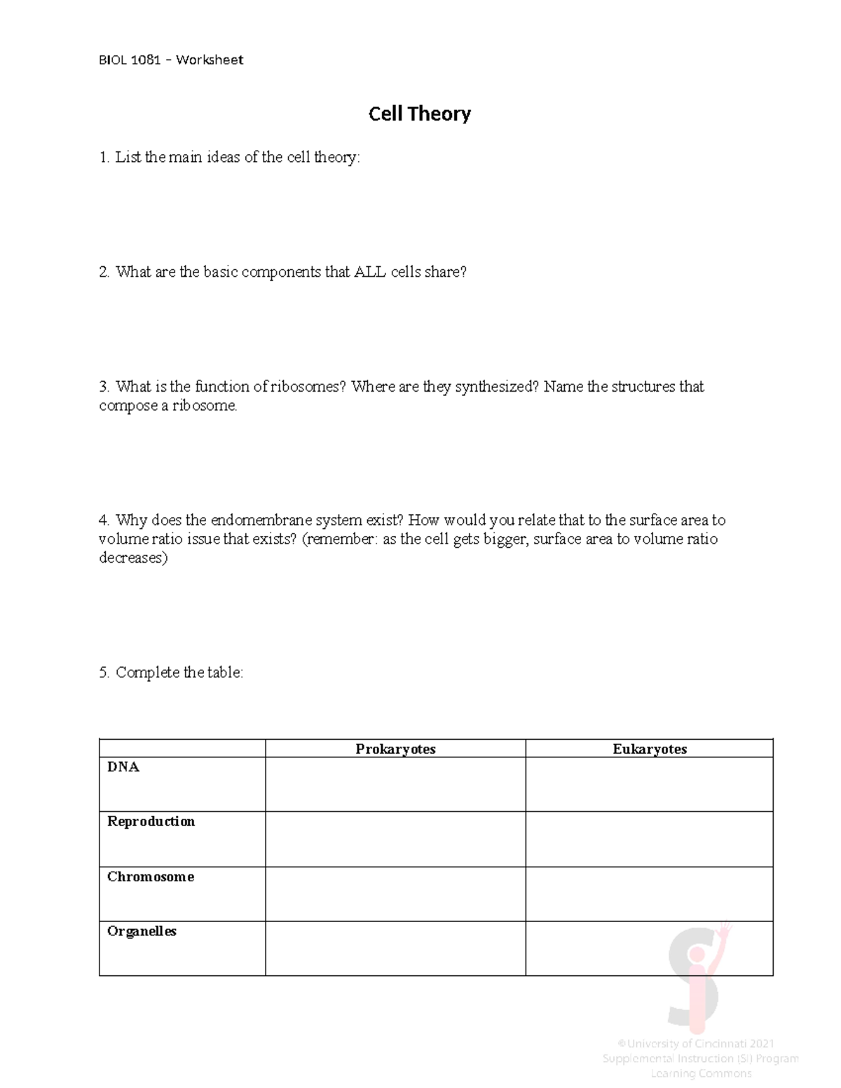 SI Worksheet 01.31.2024 - Cell Theory 1. List the main ideas of the ...