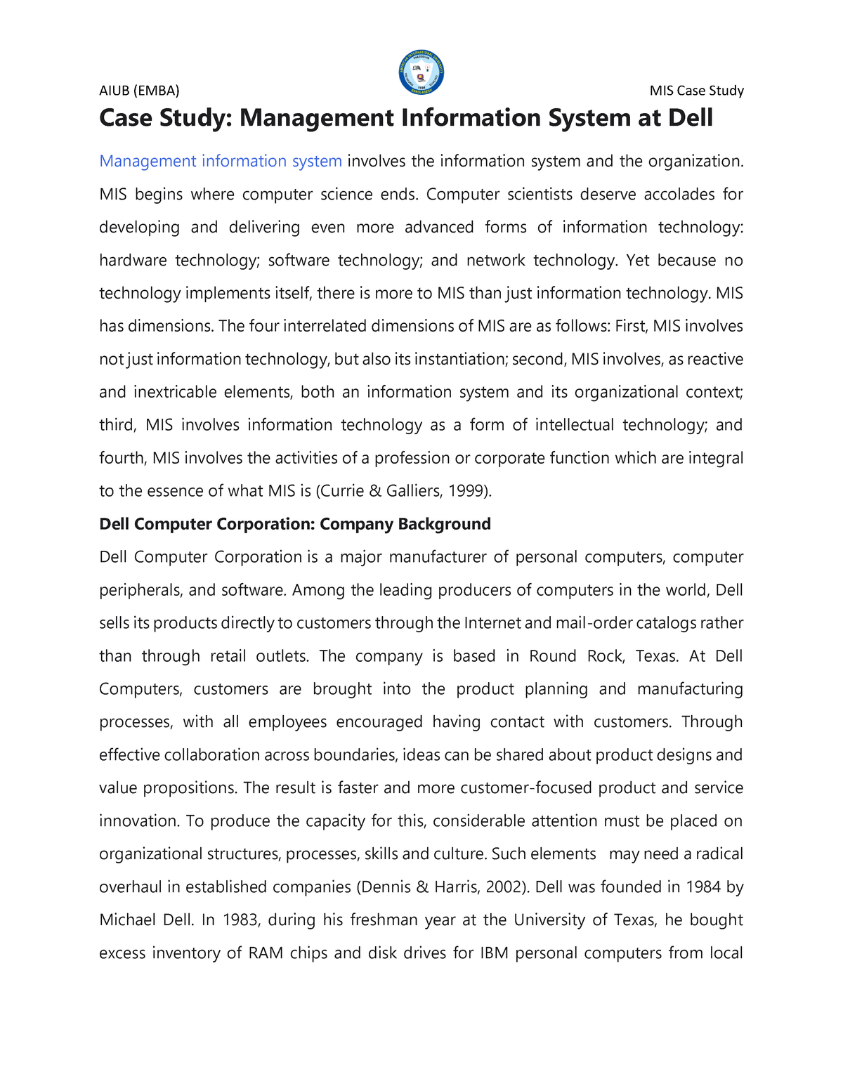 case study related to management information system