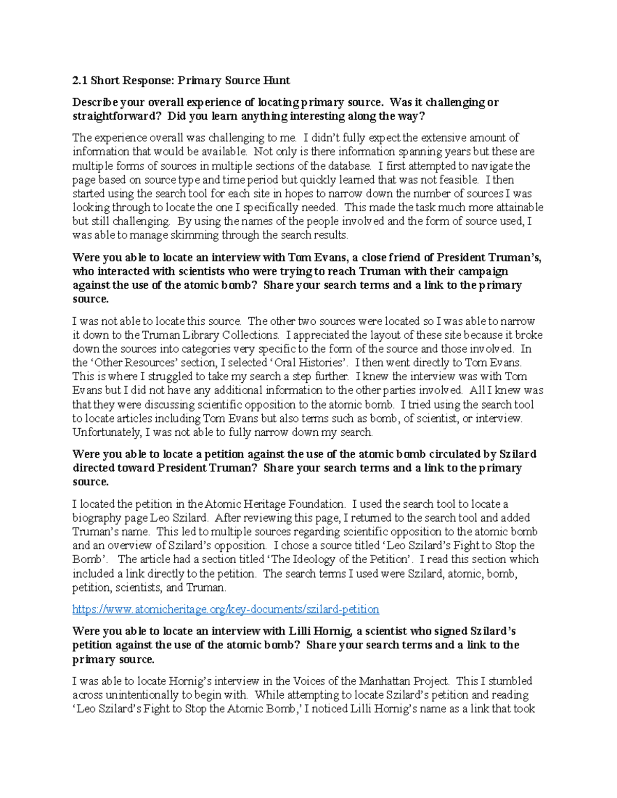 2-1 Short Response, Primary Source Hunt - 2 Short Response: Primary ...