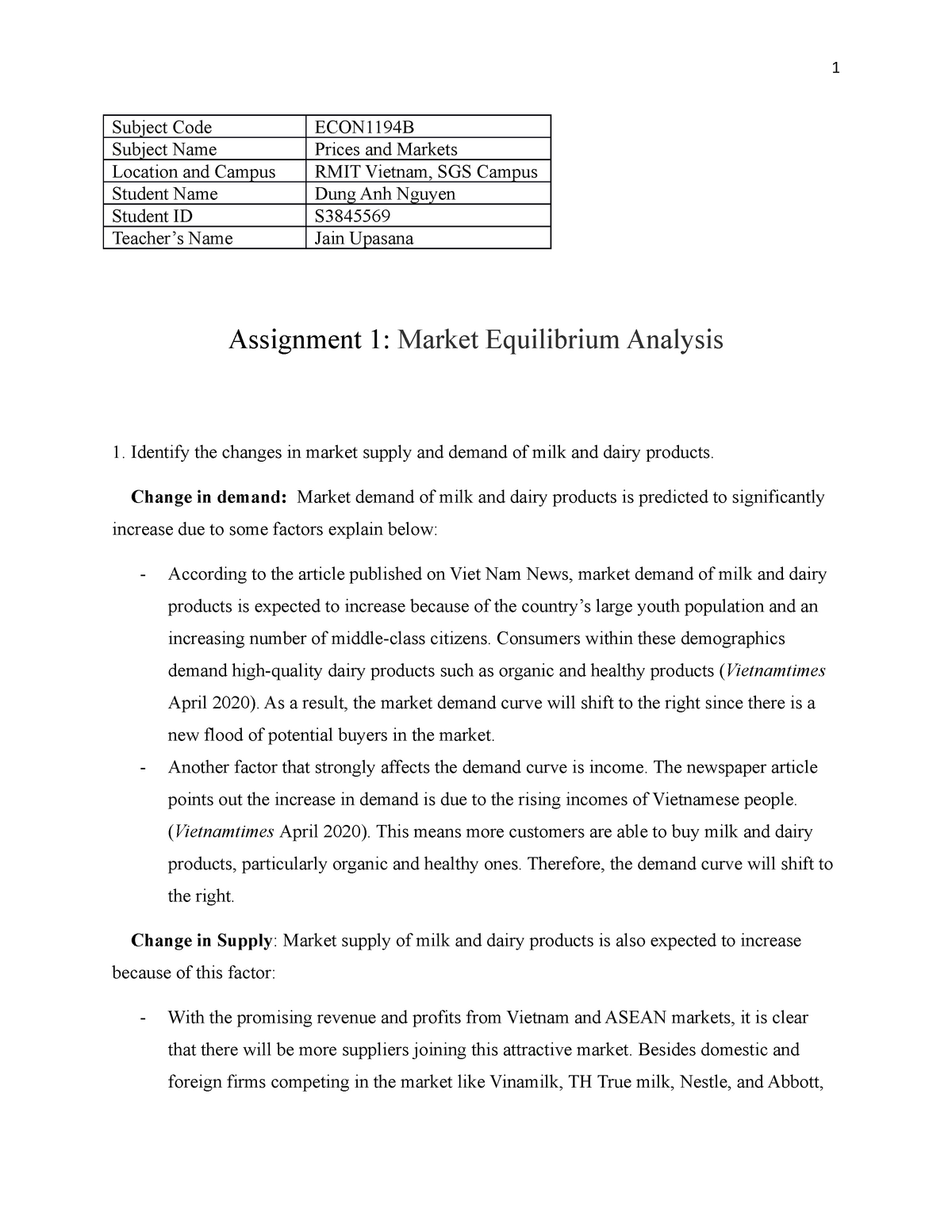 assignment 1 market equilibrium analysis