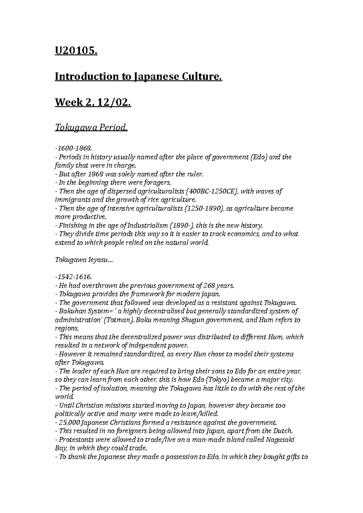 Japanese Lecture Notes - U20105. Introduction to Japanese Culture. Week ...