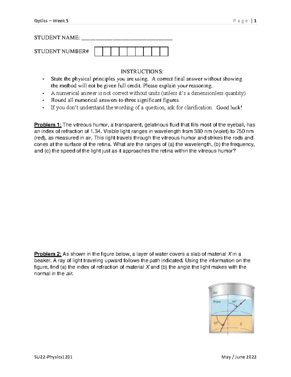 Problem Set Week 5 Optics STUDENT NAME