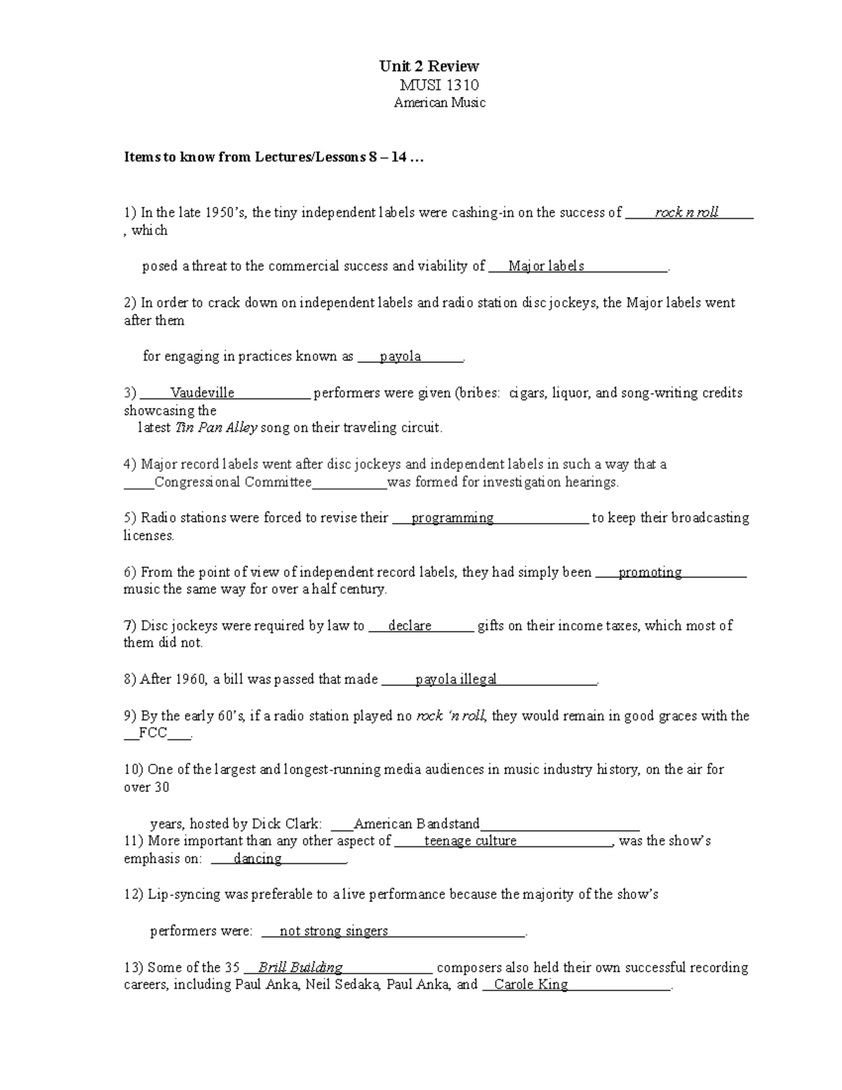 Unit 2 Review Notes Patrick Brink Unit 2 Review MUSI 1310 American