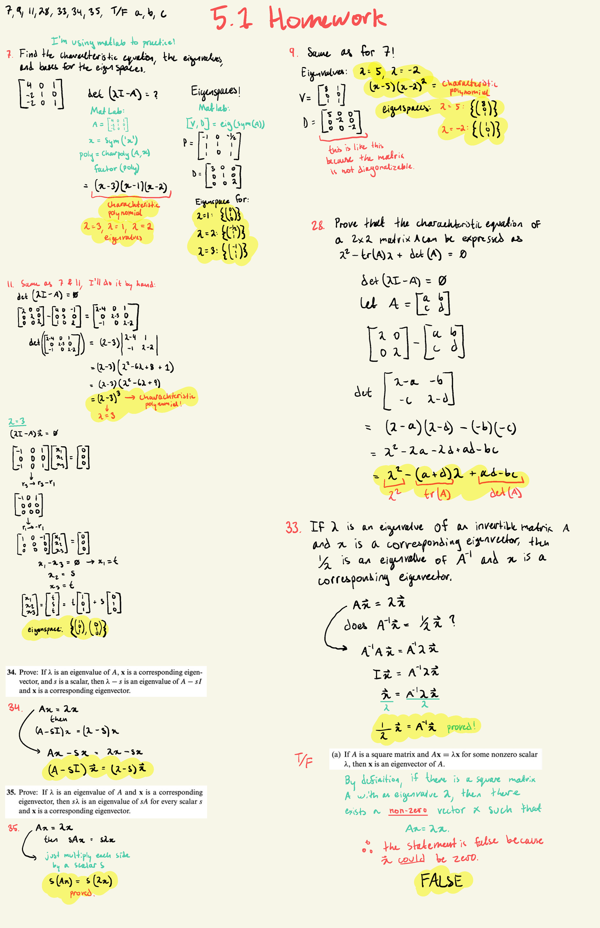 5.1 Problems - LIN ALG HMWRK - REVIEW AND PRACTICE - 7,9, 11,28, 33,34 ...