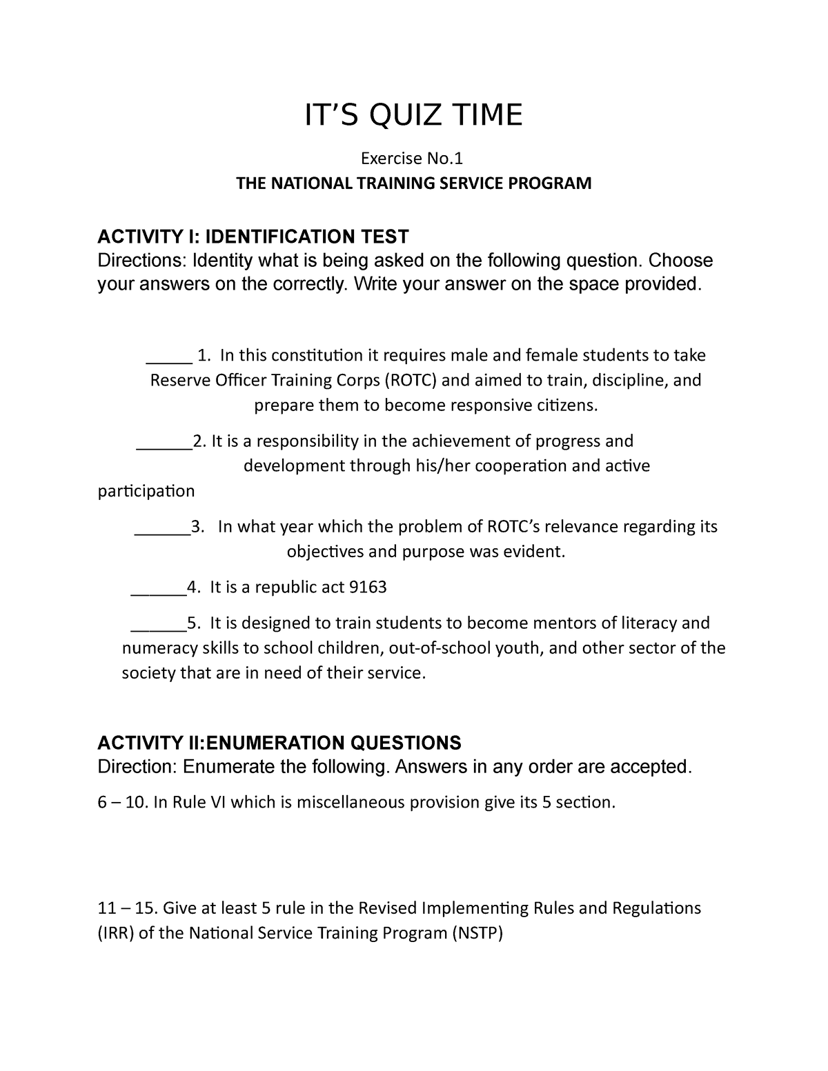 NSTP CHAP 1 QUIZ 1 - Out Chapter 1 Quiz In Nstp - IT’S QUIZ TIME ...