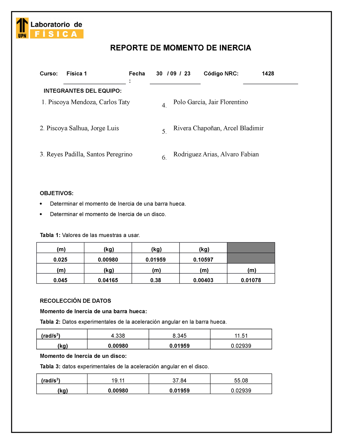 Reporte Lab Fisi1 S07 Grupo 4 Reporte De Momento De Inercia Curso