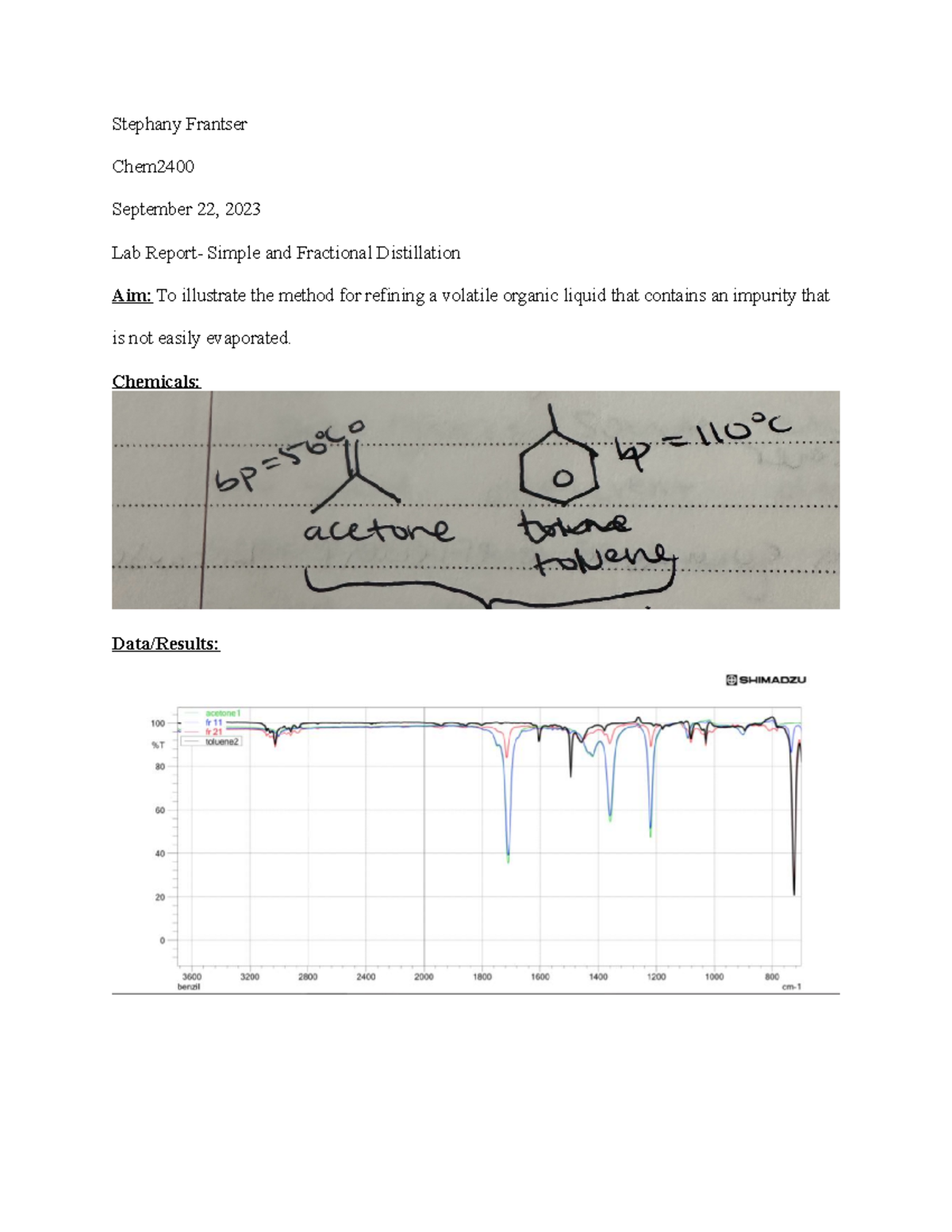 Orgo1 Lab Report Simple and Fractional distillation Stephany Frantser
