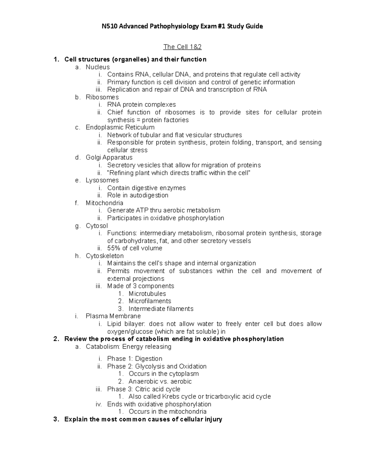 Patho Exam 1 Study Guide - The Cell 1& Cell Structures (organelles) And ...