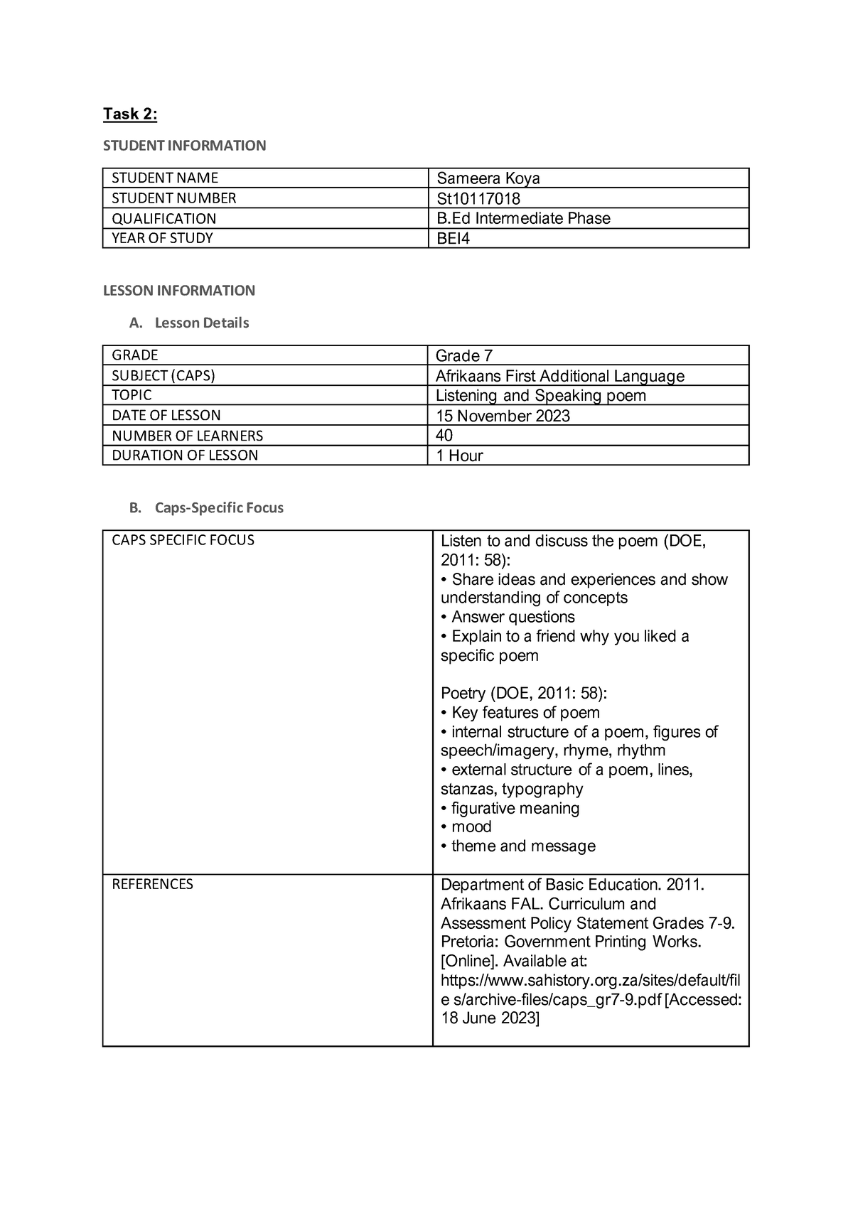 Afrik Lesson Plan - Task 2: Student Information Student Name Sameera 