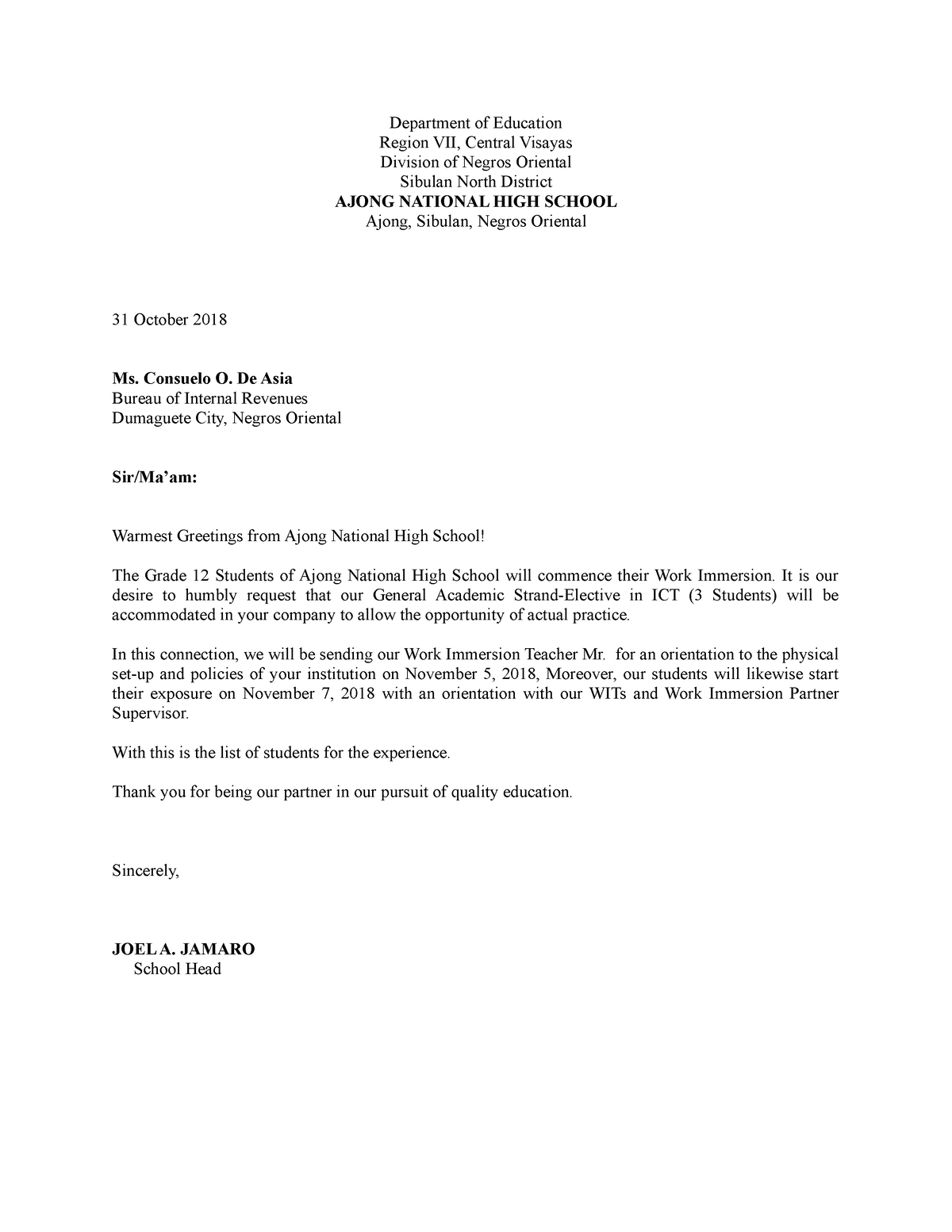 Letter-gas-elective - Letter - Department of Education Region VII ...