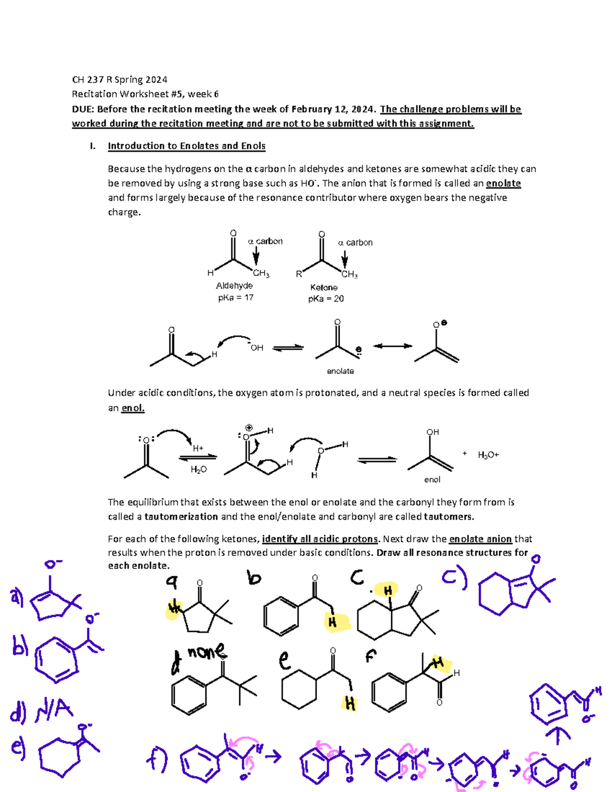 CH 237 Pre-recitation Worksheet 5 Sp 2024 - CH 237 R Spring 2024 ...