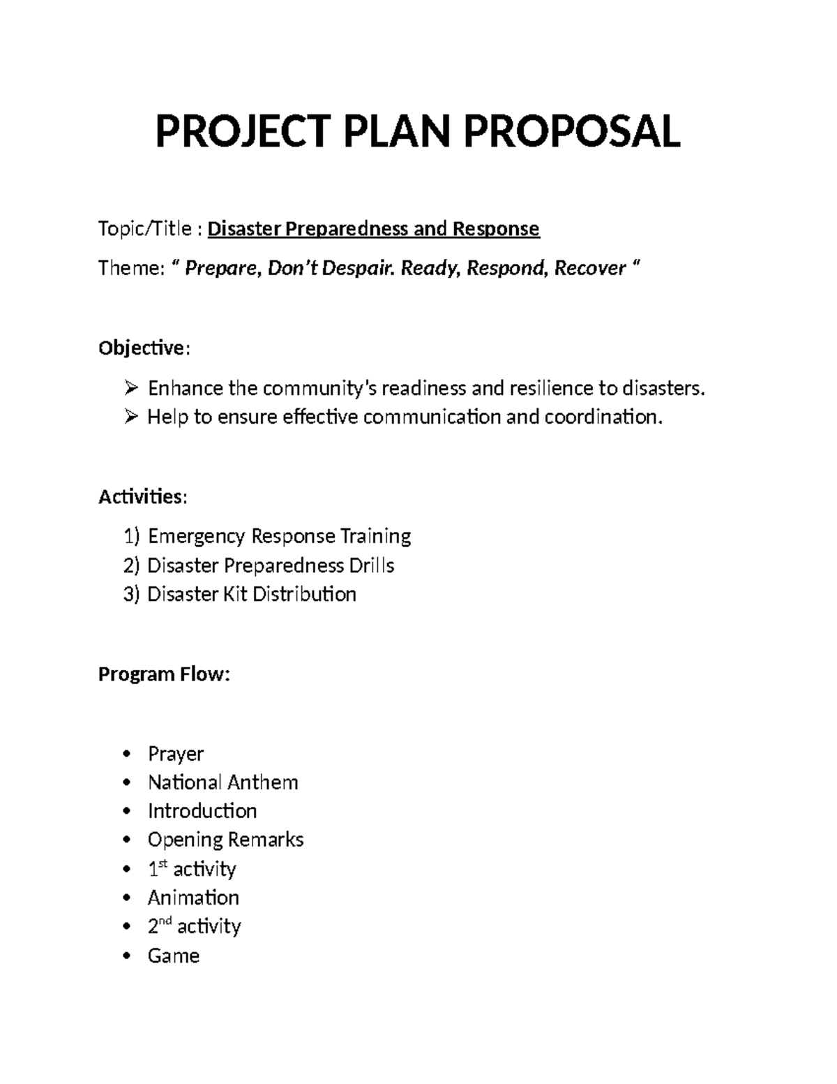 Planningsusjwujw - PROJECT PLAN PROPOSAL Topic/Title : Disaster ...