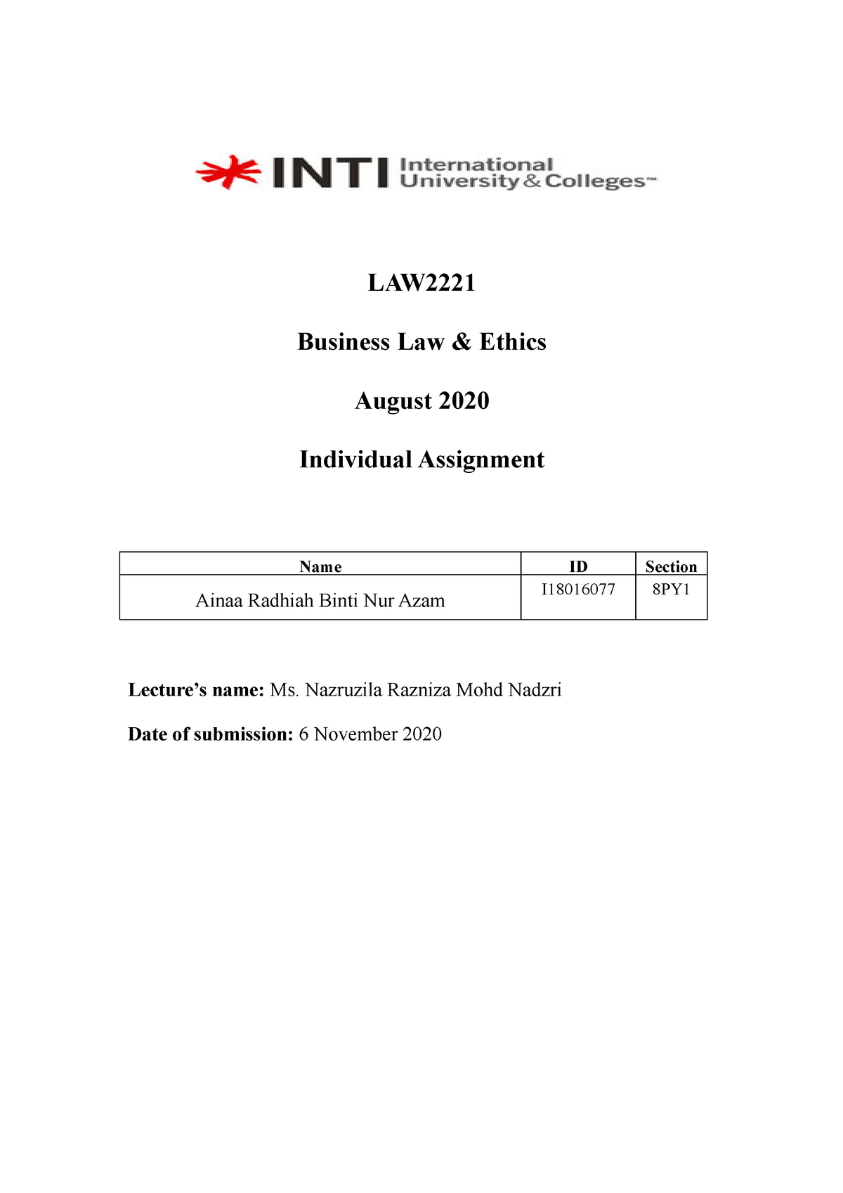 business law individual assignment