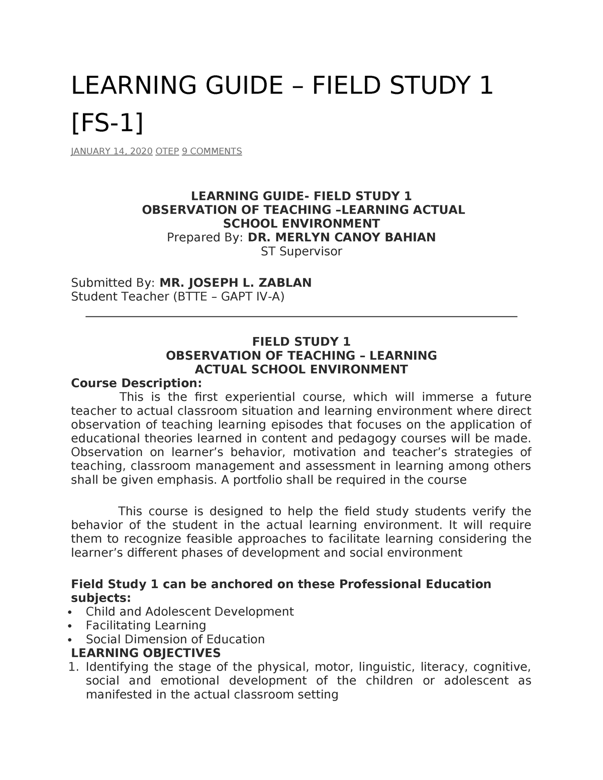 FS-1- Guide - LEARNING GUIDE – FIELD STUDY 1 [FS-1] JANUARY 14, 2020 ...