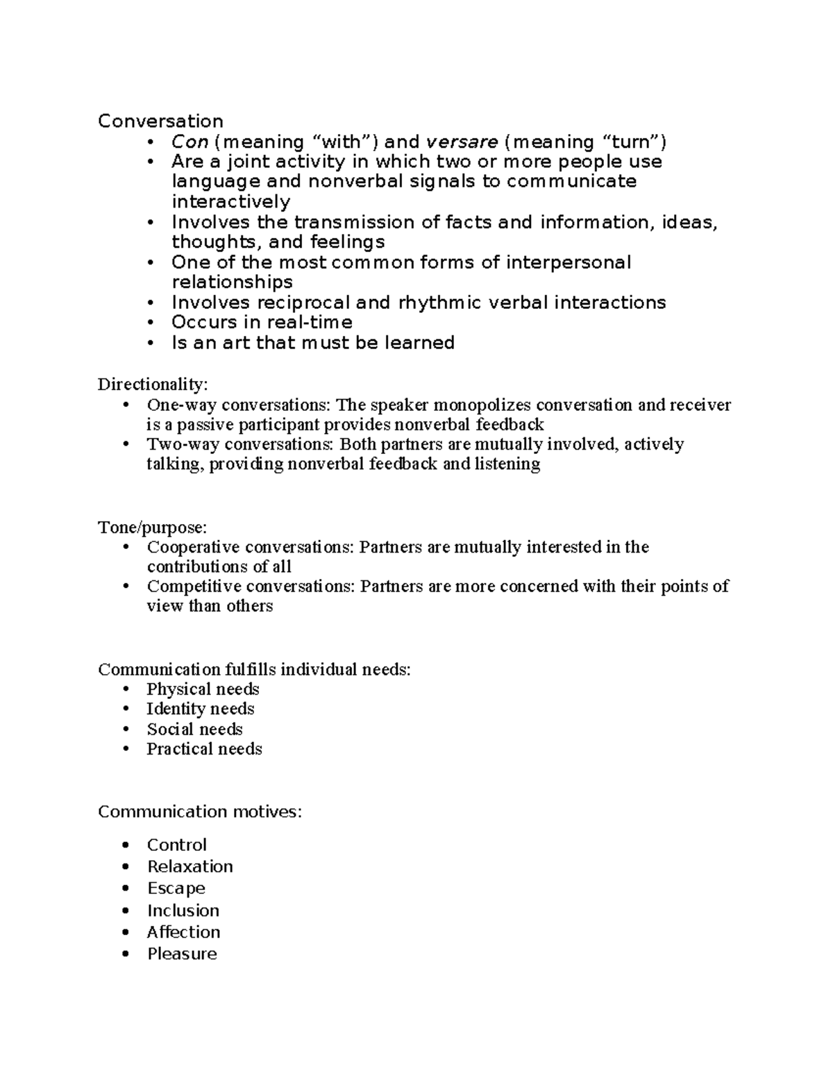 Chapter 7 notes - Conversation • Con (meaning “with”) and versare ...