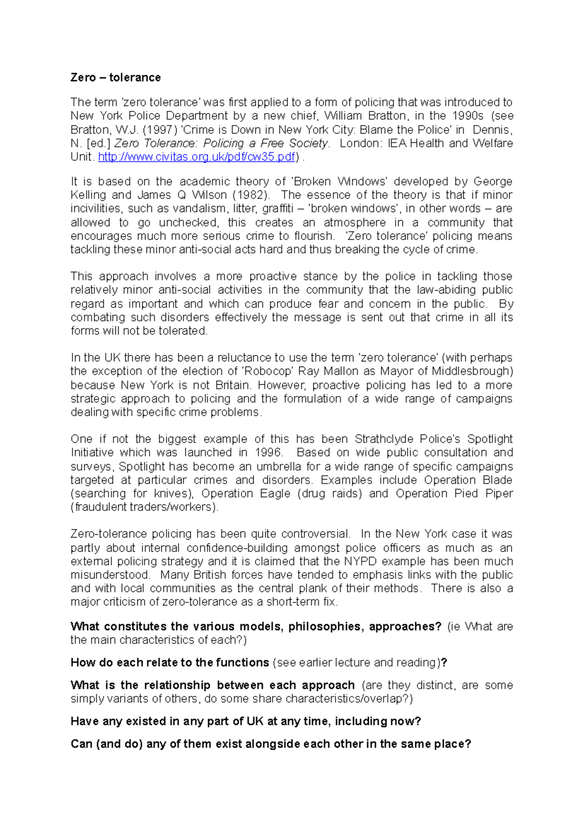 3b Zero Summary of ZeroTolerance Policing Zero tolerance The term