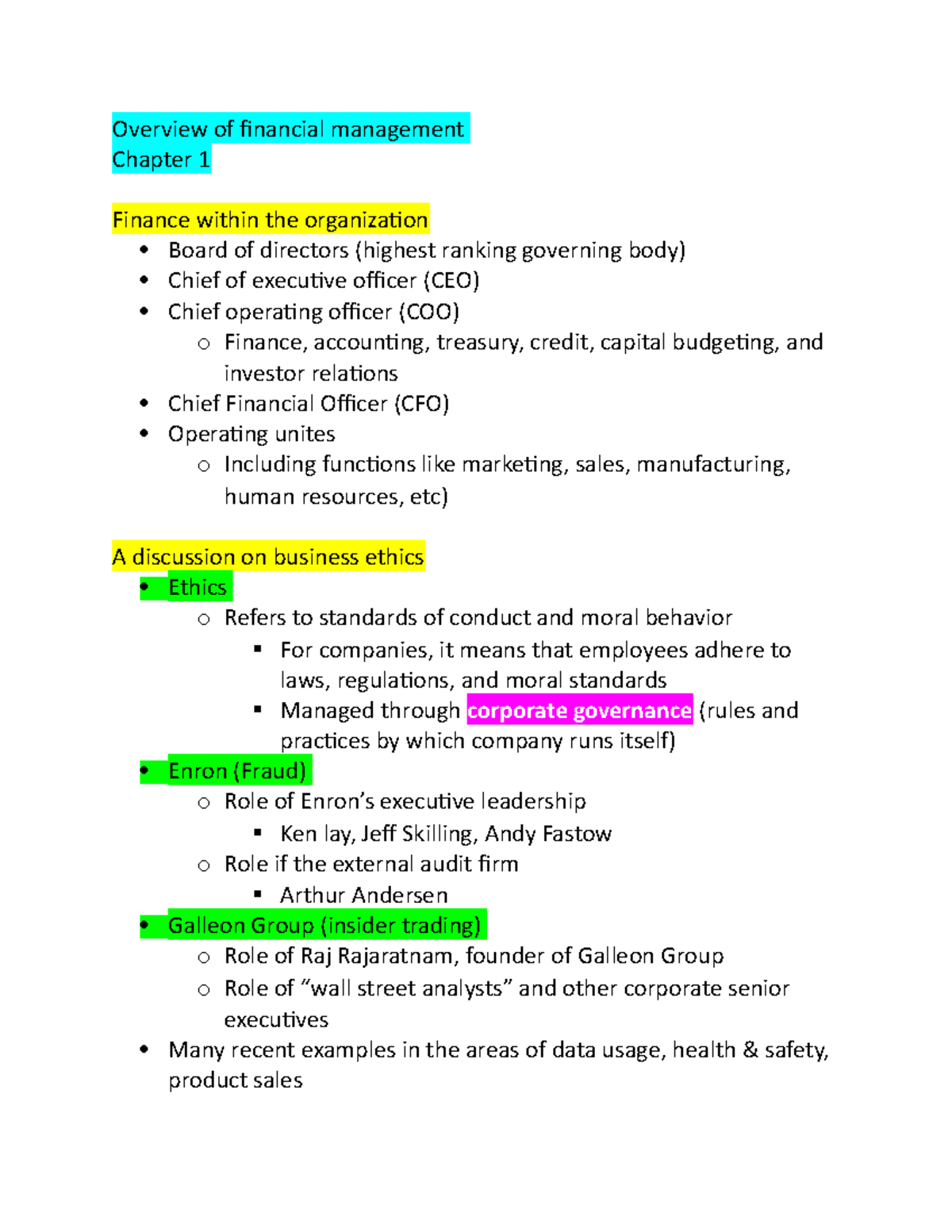 Chapter 1 Class Notes - Overview Of Financial Management Chapter 1 ...