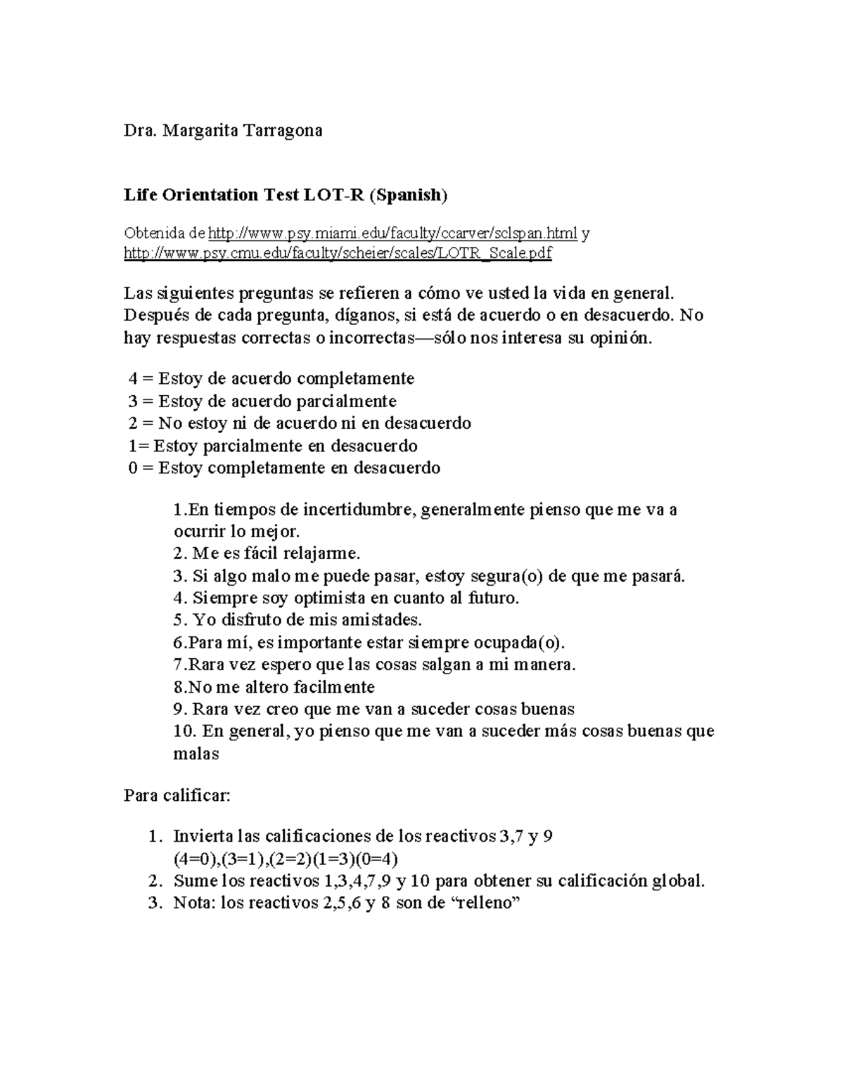 LOT scale en español optimismo pesimismo - Dra. Margarita Tarragona ...