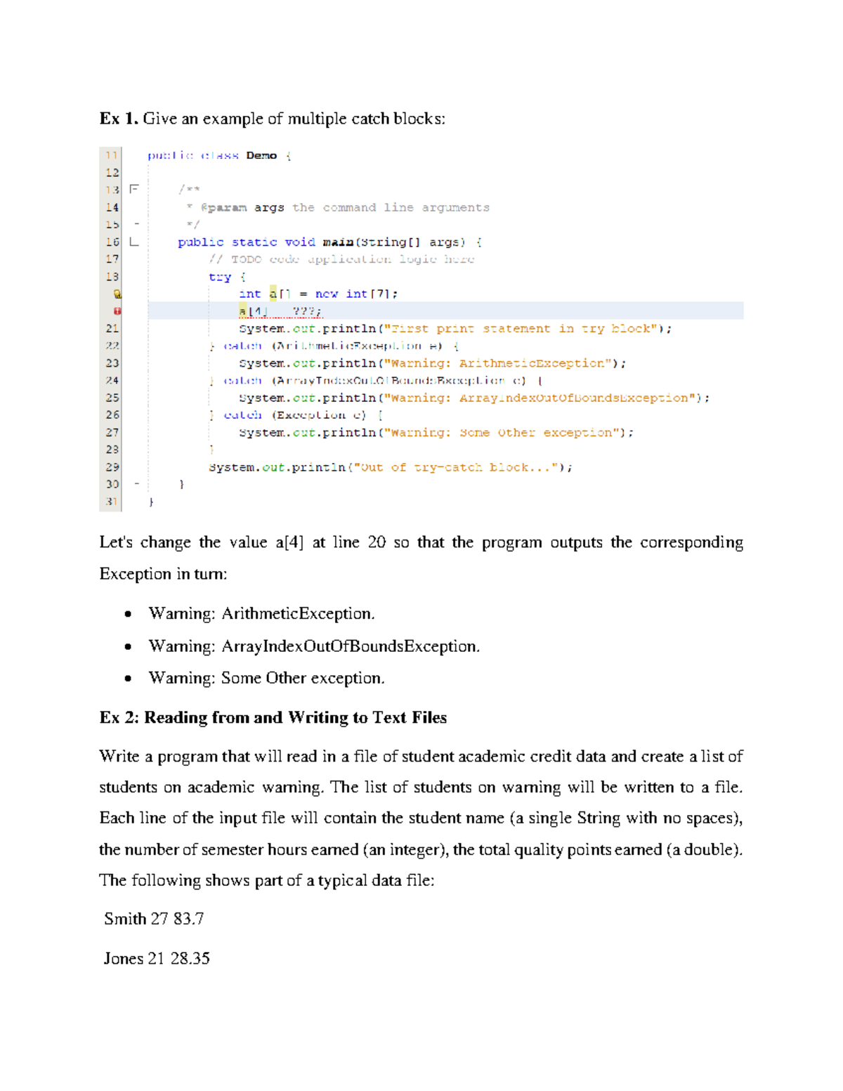 Exercises 5-Java-Exception Handling - Ex 1. Give an example of multiple ...