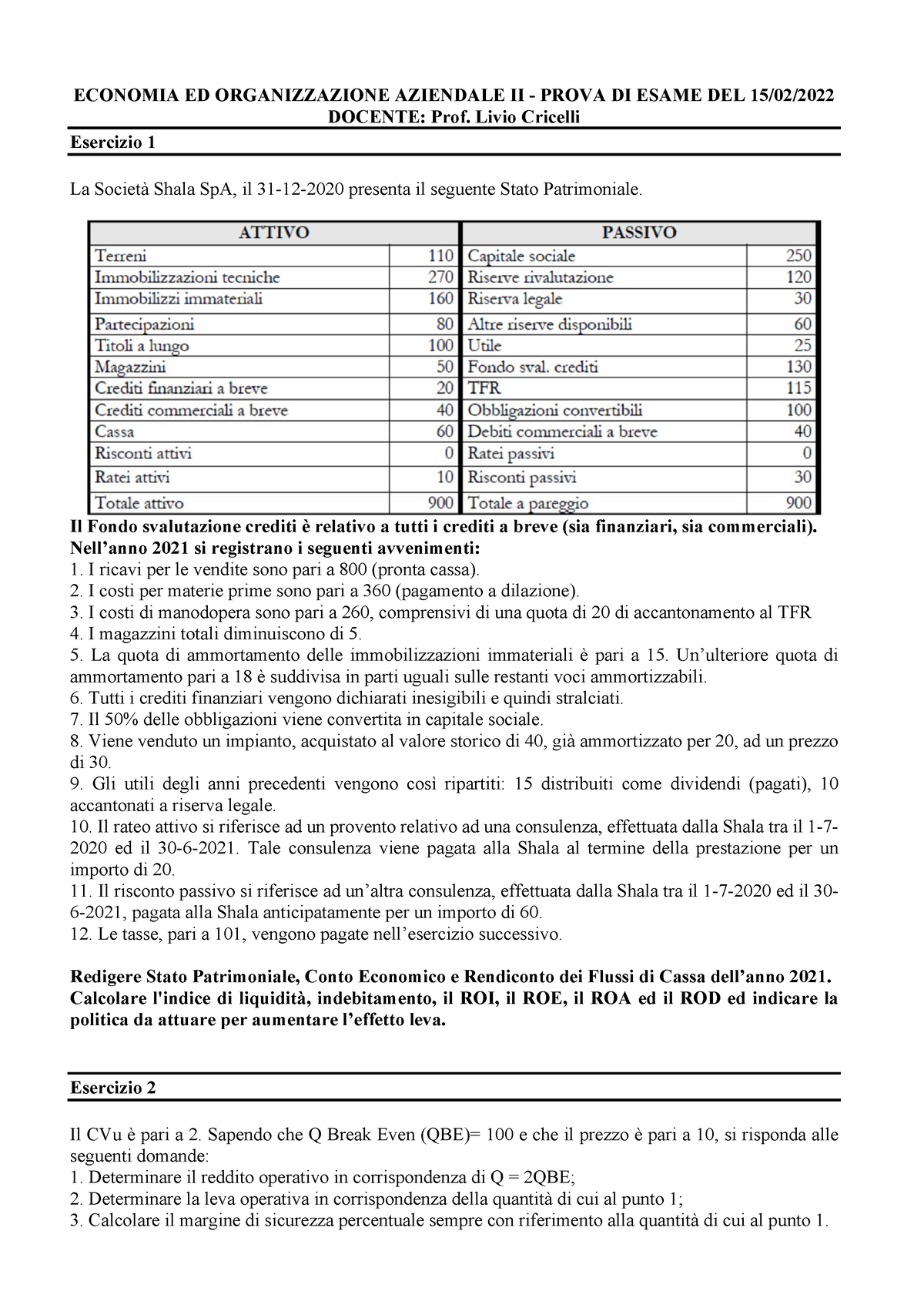 Soluzioni Traccia E Soluzione Test D Esame Di Economia Ed Organizzazione Aziendale Ii