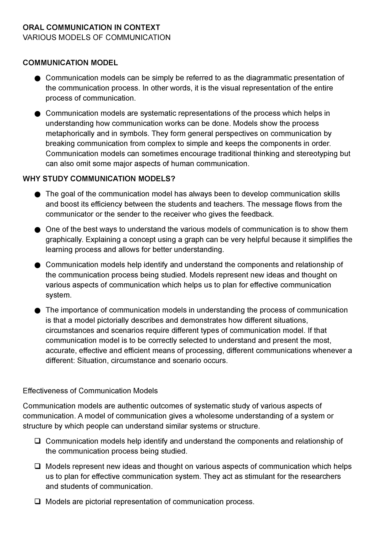 Oralcom M2 Writings ORAL COMMUNICATION IN CONTEXT VARIOUS MODELS OF 