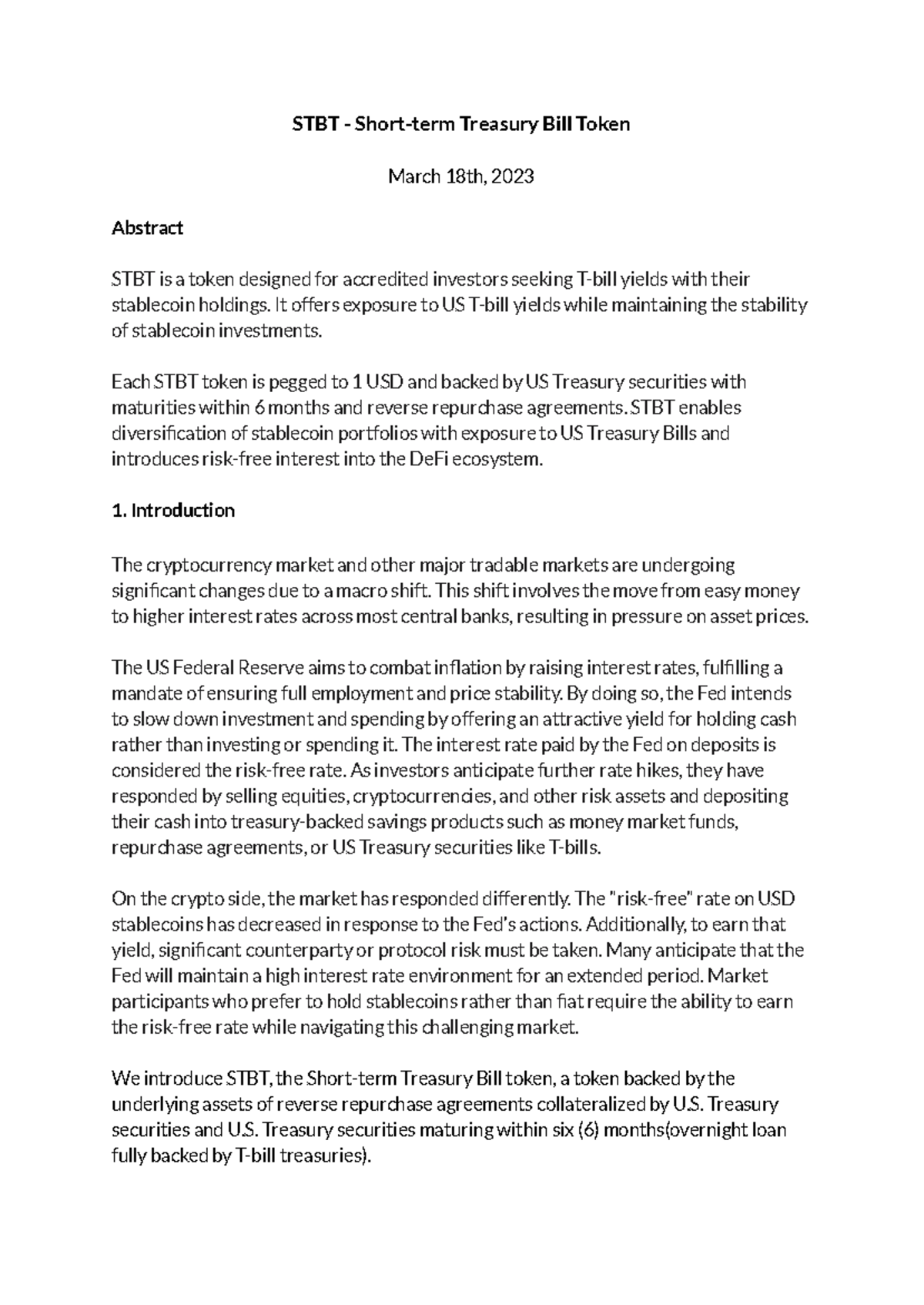 STBT White Paper - STBT - Short-term Treasury Bill Token March 18th ...