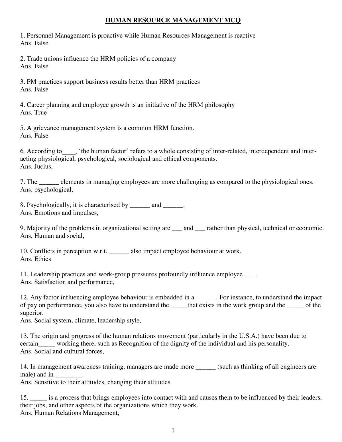 Human Resource Management MCQ PRACTICE - HUMAN RESOURCE MANAGEMENT MCQ ...