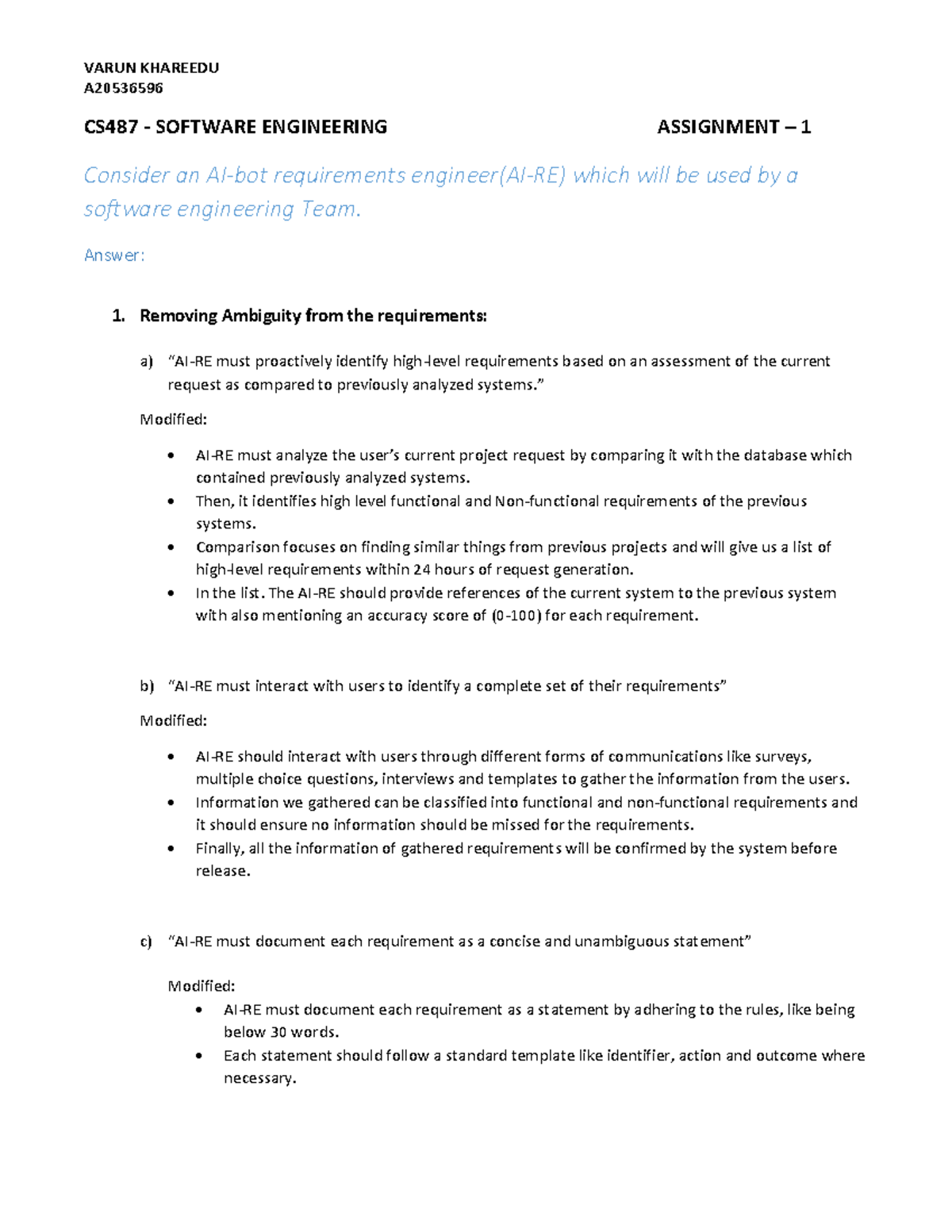 SE Assignment 1 - Solution for SE Homework 1 - VARUN KHAREEDU A CS487 ...