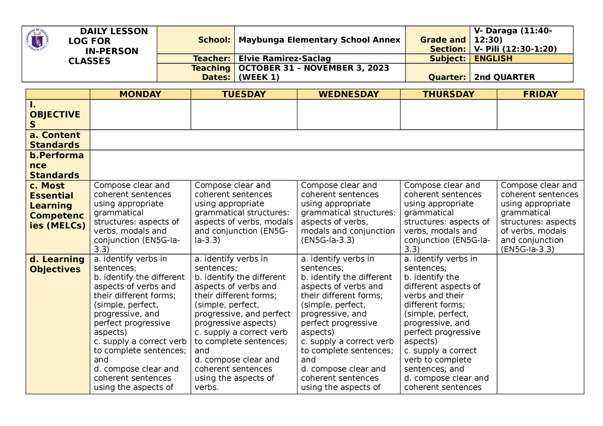 G5 Q2W1 DLL English - Sample Lesson Plan - DAILY LESSON LOG FOR IN ...