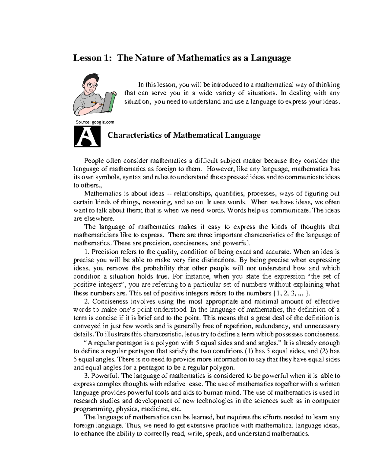 Lesson 1. The Nature of Mathematics as a Language - Lesson 1: The ...