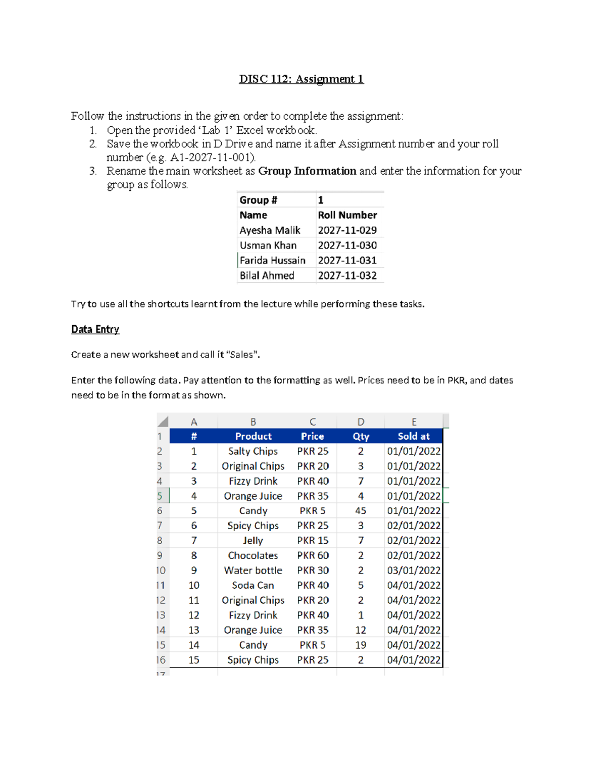 Lab1 - Excel lab - DISC 112: Assignment 1 Follow the instructions in ...