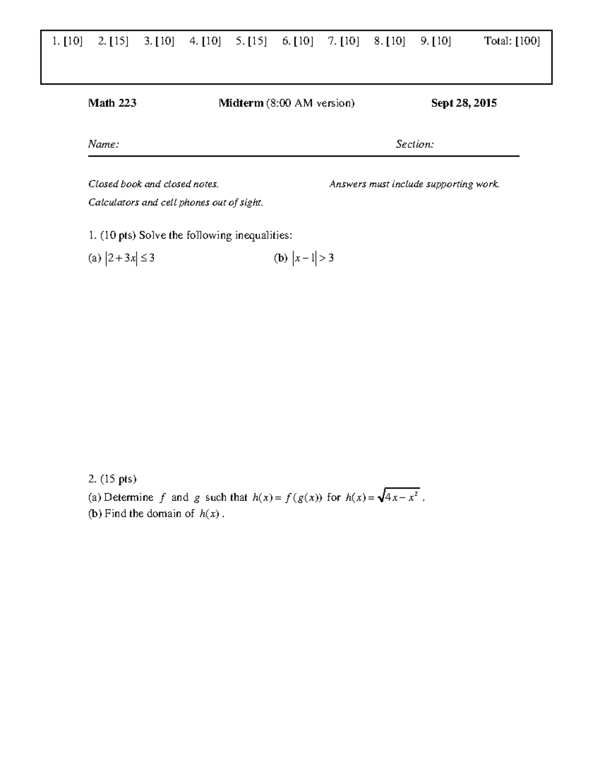 Ma223-exam1-f15 V1 - Practice Exam Midterm - Math 2 23 Midterm (8:00 AM ...