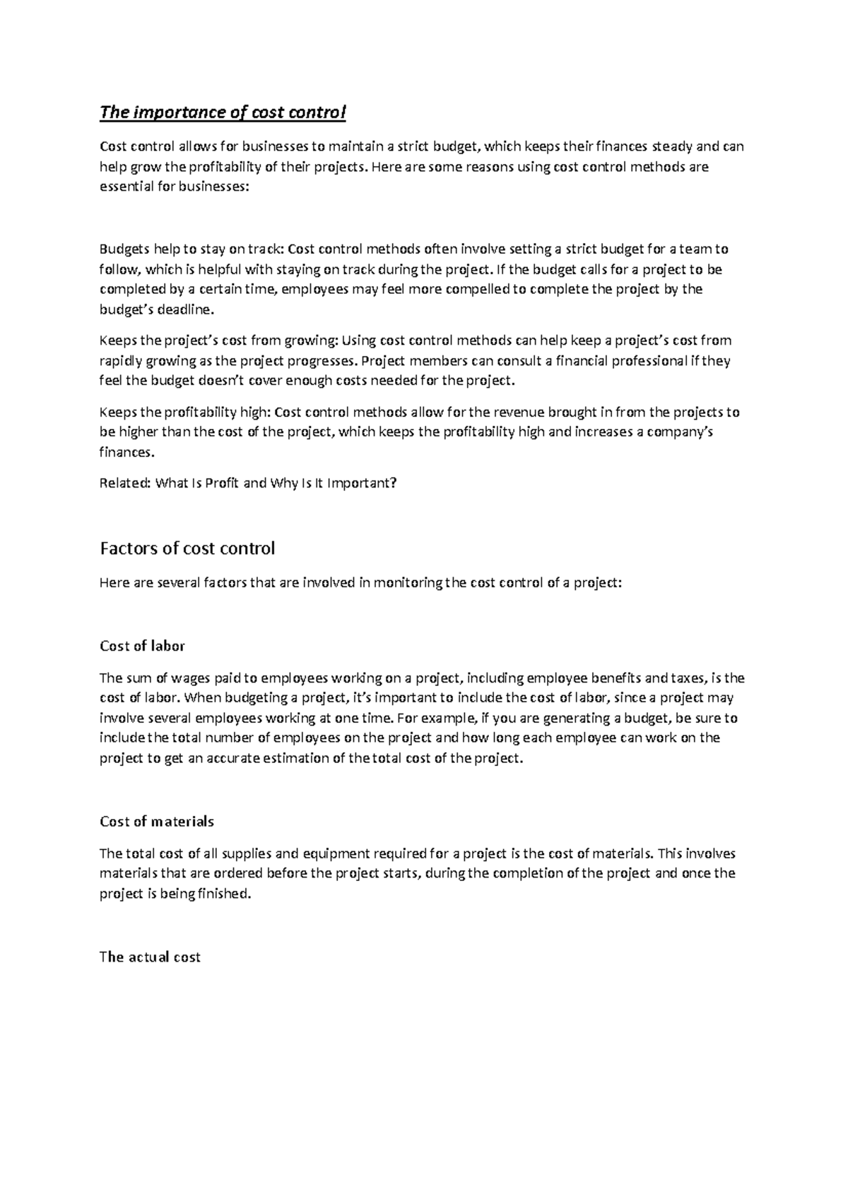 Imp cost control and techniques - The importance of cost control Cost ...