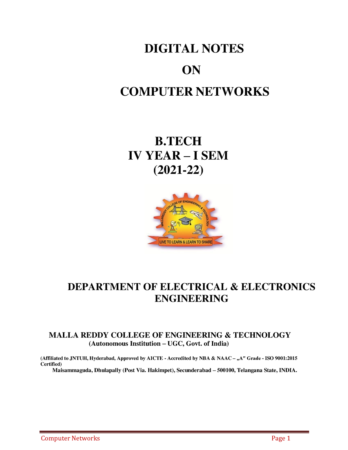 Computer Networks - Aaa - DIGITAL NOTES ON COMPUTER NETWORKS B IV YEAR ...