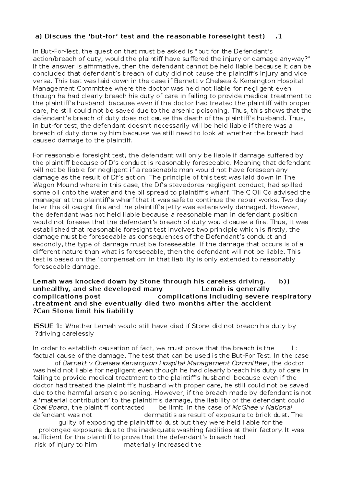 Causation & Damage - hope it helps in any way, - a) Discuss the ‘but ...