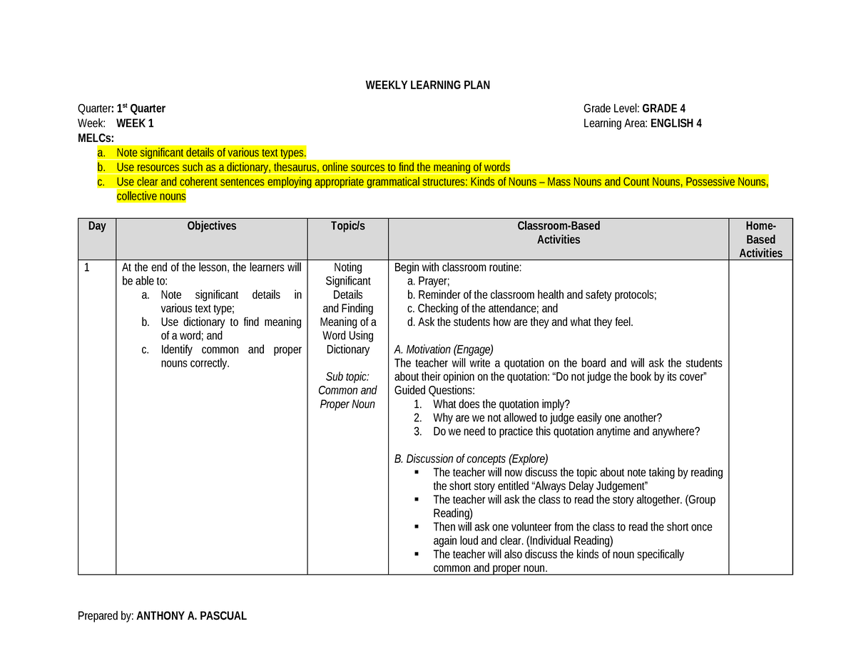 Wlp Eng4 W1 Weekly Learning Plan In English 4 Weekly Learning Plan Quarter 1st Quarter 8297