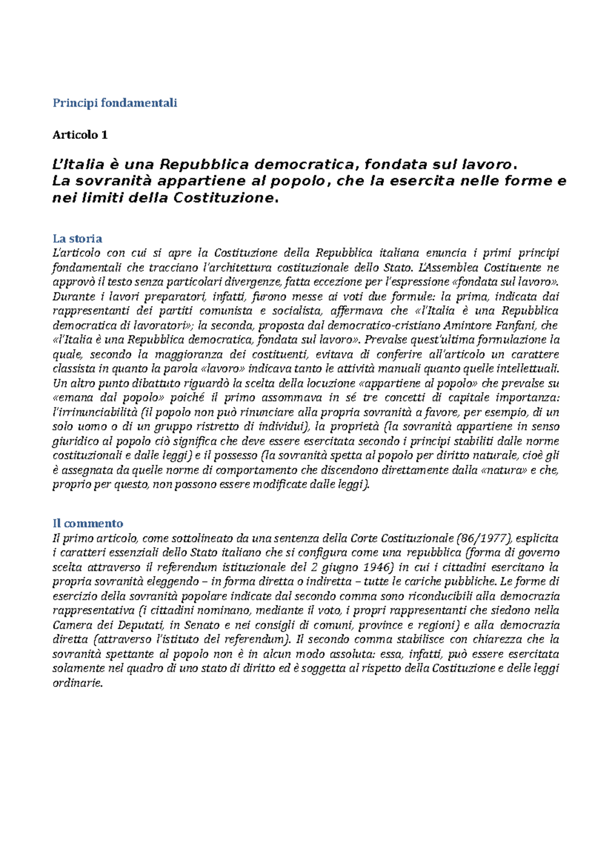 Principi E Diritti Costituzionali - Principi Fondamentali Articolo 1 L ...