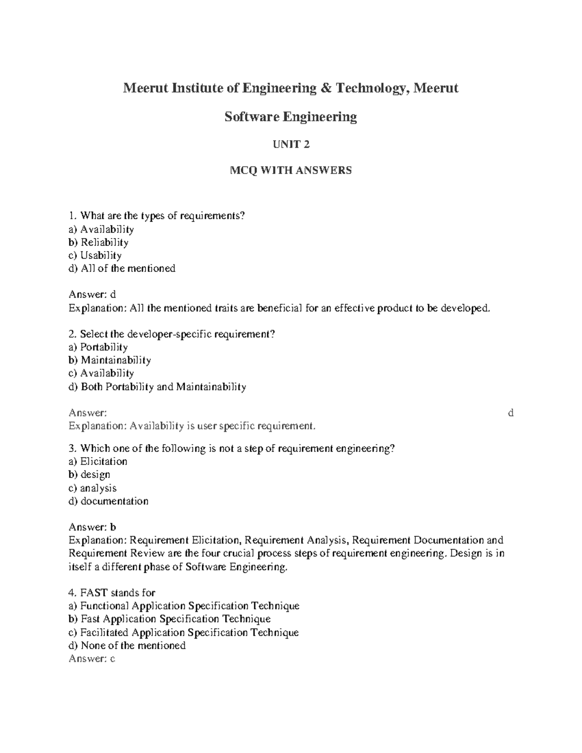 Software Engineering (KCS601) UNIT 2 MCQ Meerut Institute of