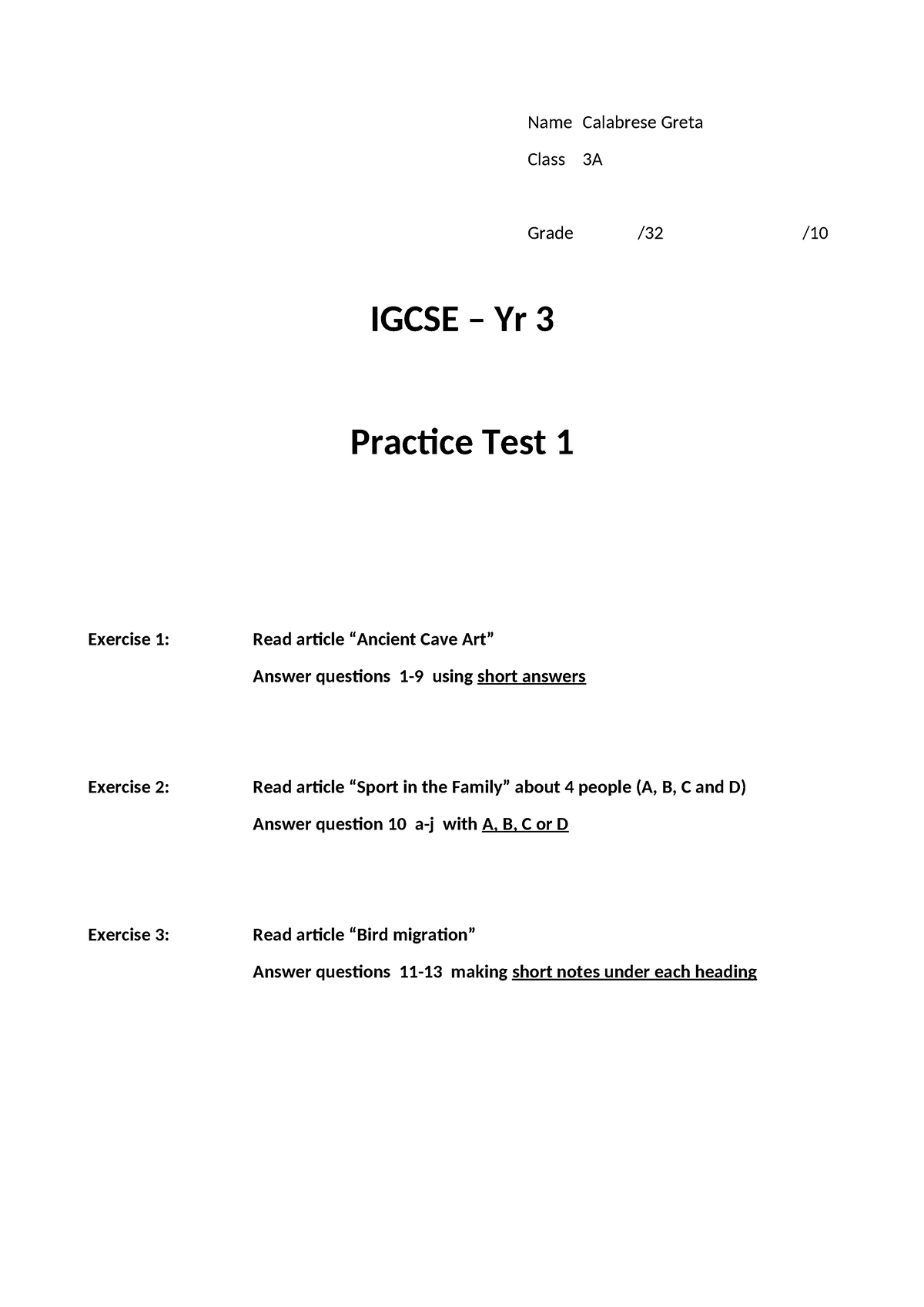 Igsce YR 3 TEST Answer Sheet[ 204] - Name Calabrese Greta Class 3A ...