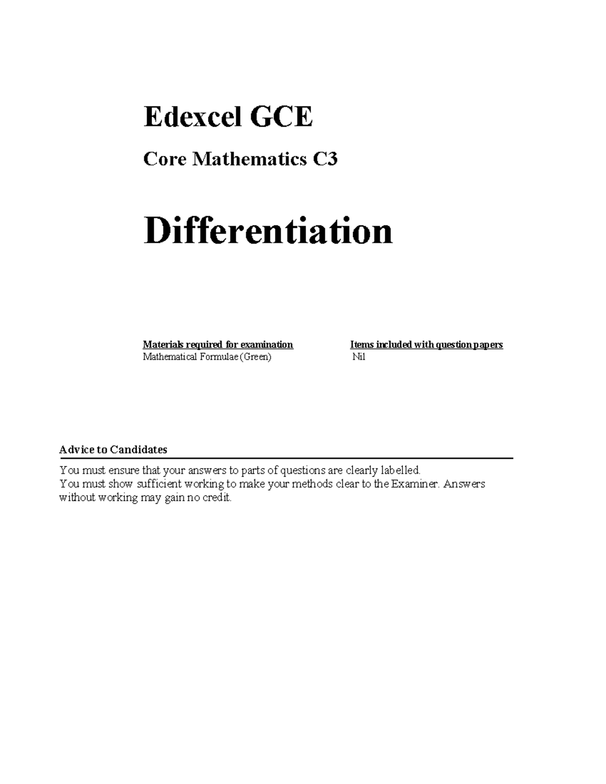 C3-differentiation - Question on the mathematical topic - Edexcel GCE ...