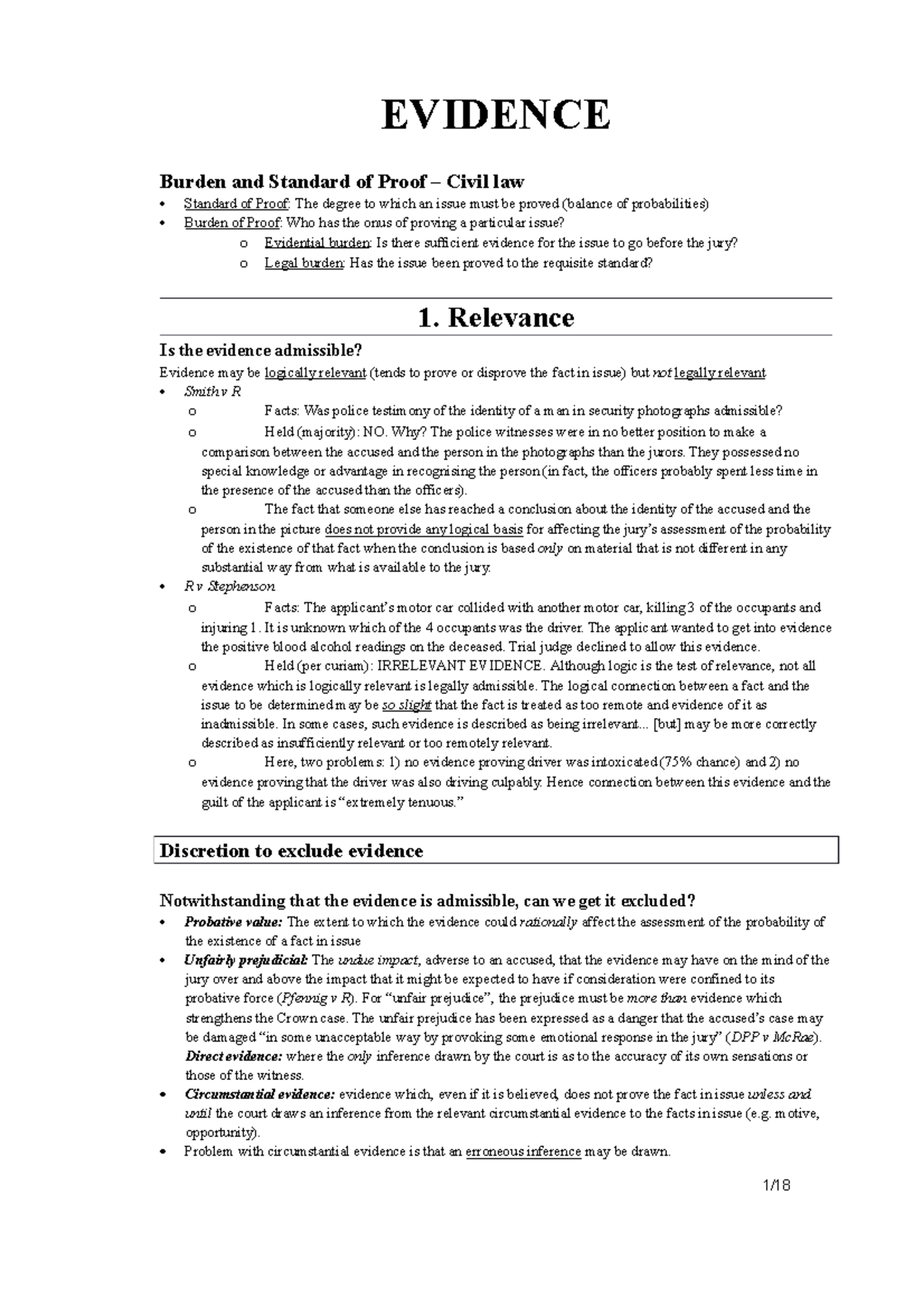 Evidence notes - asdasdasdasdasd - EVIDENCE Burden and Standard of ...