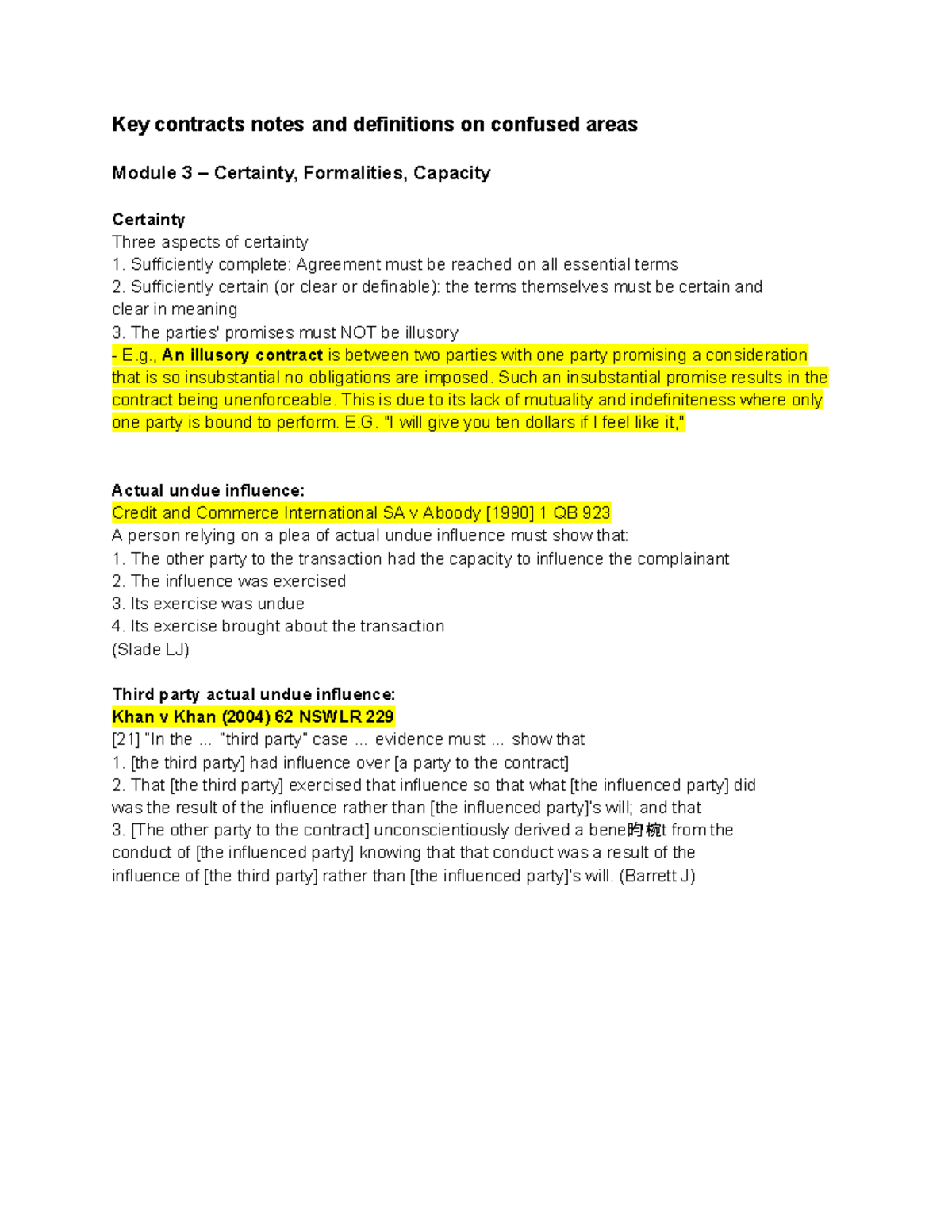 Key contracts notes and definitions on confused areas , An illusory
