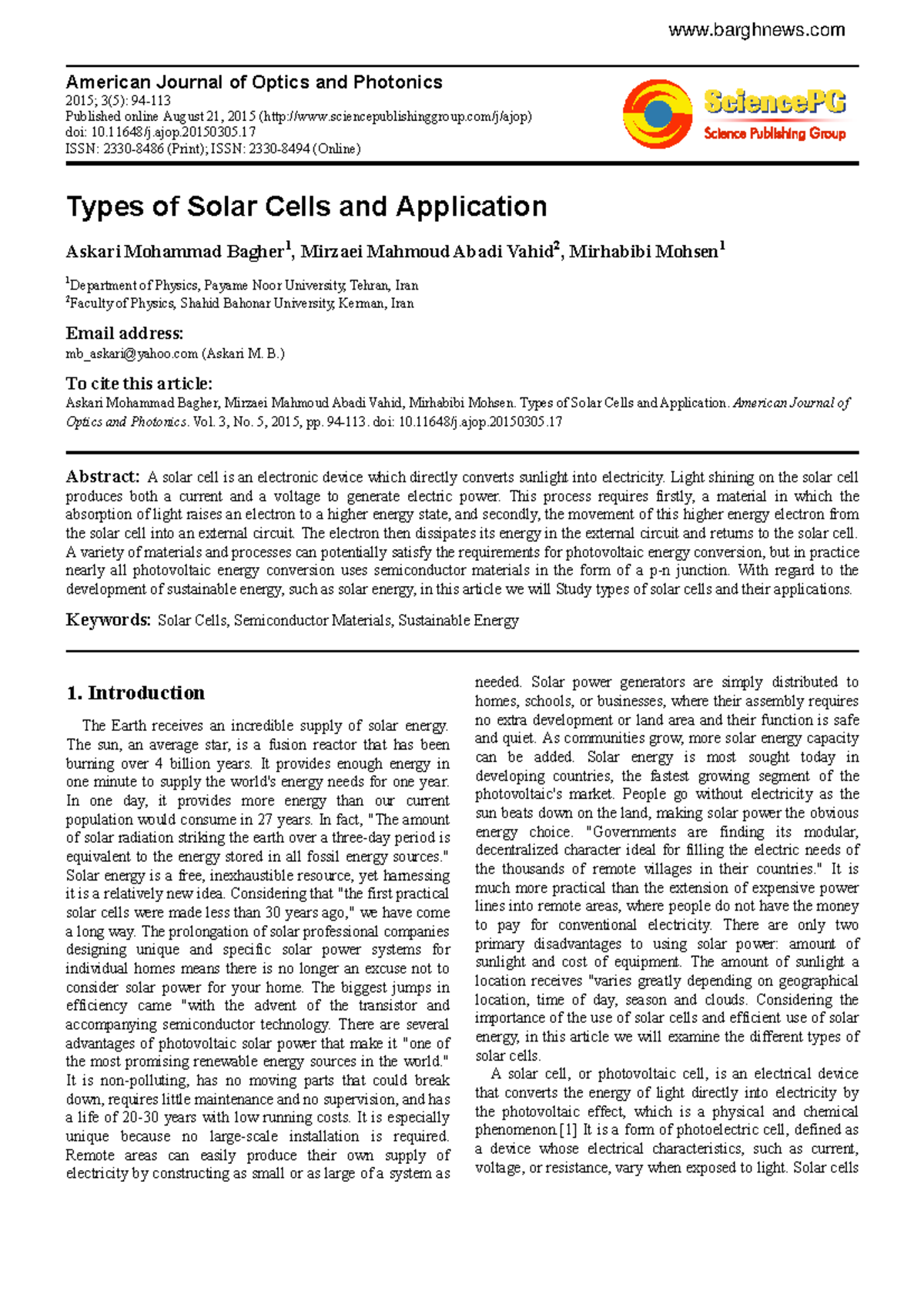 Types of Solar Cells and Application American Journal of Optics and