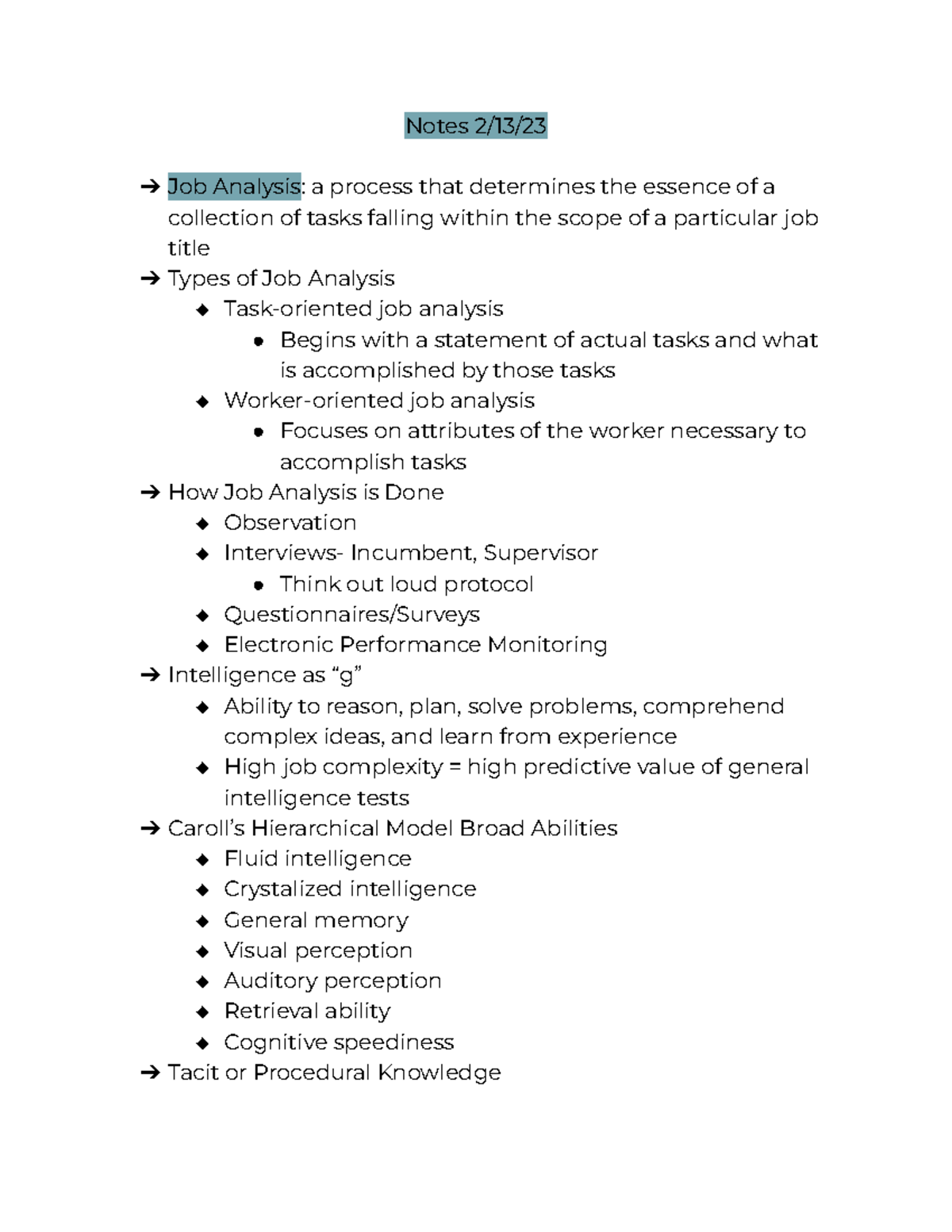 PSY 327 Notes Weeks 4-5 - Notes 2/13/ Job Analysis: a process that ...