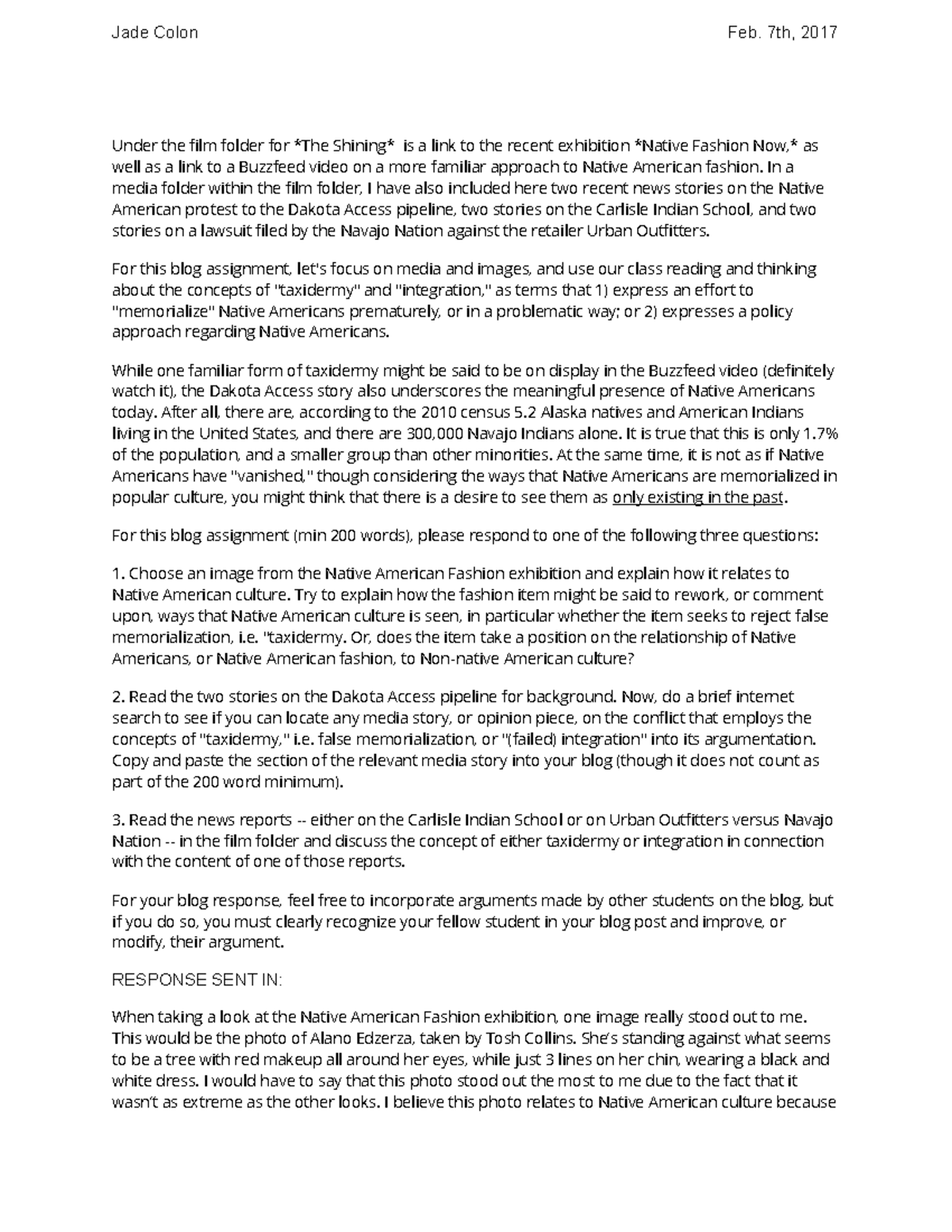 Blog 3 response - blog 3 - Jade Colon Feb. 7th, 2017 Under the film ...